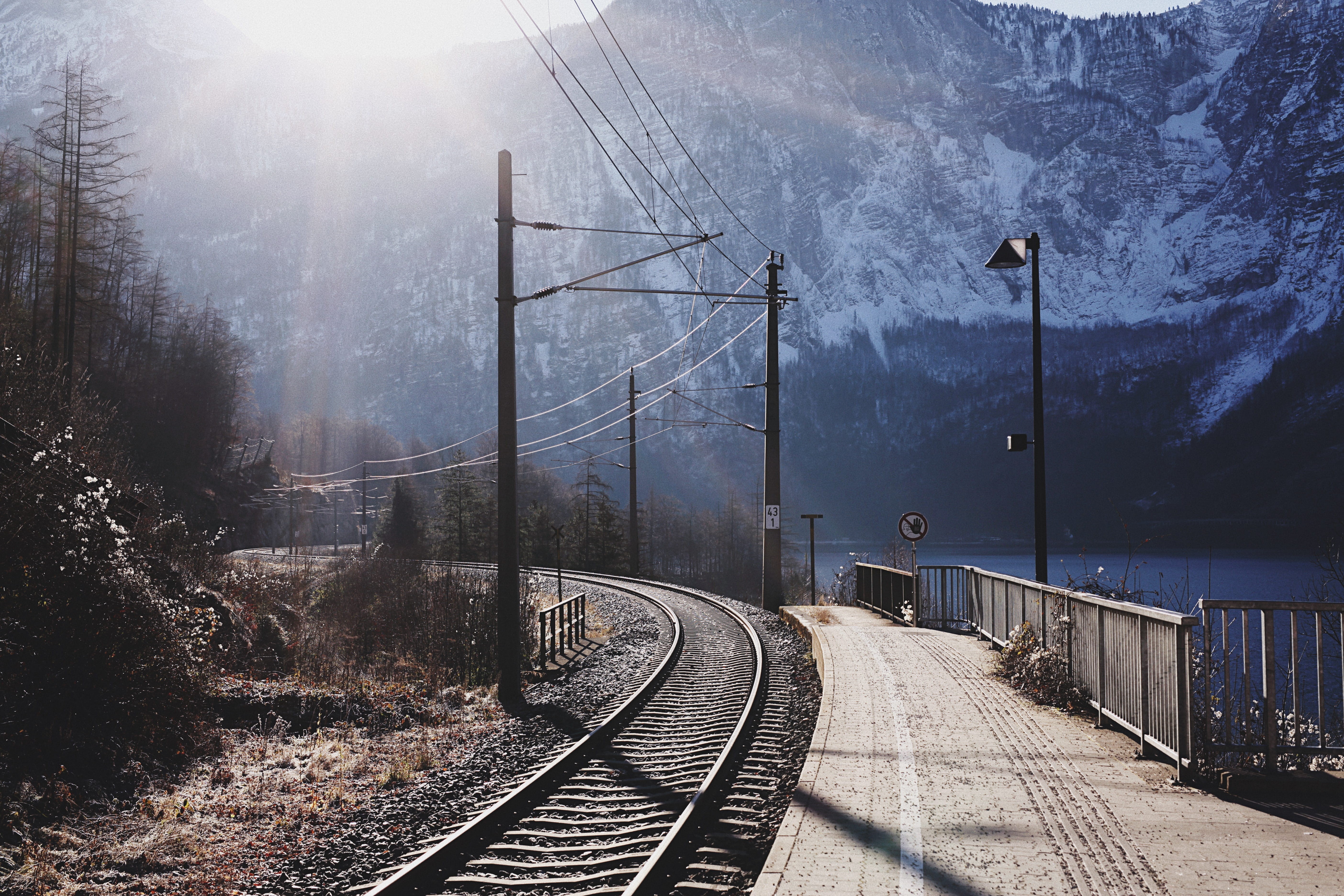 rail transportation, walkway, sun, path, dirt road, train, connection, power supply, road, track, plant, sunlight, the way forward, highway, train station, HD Wallpaper