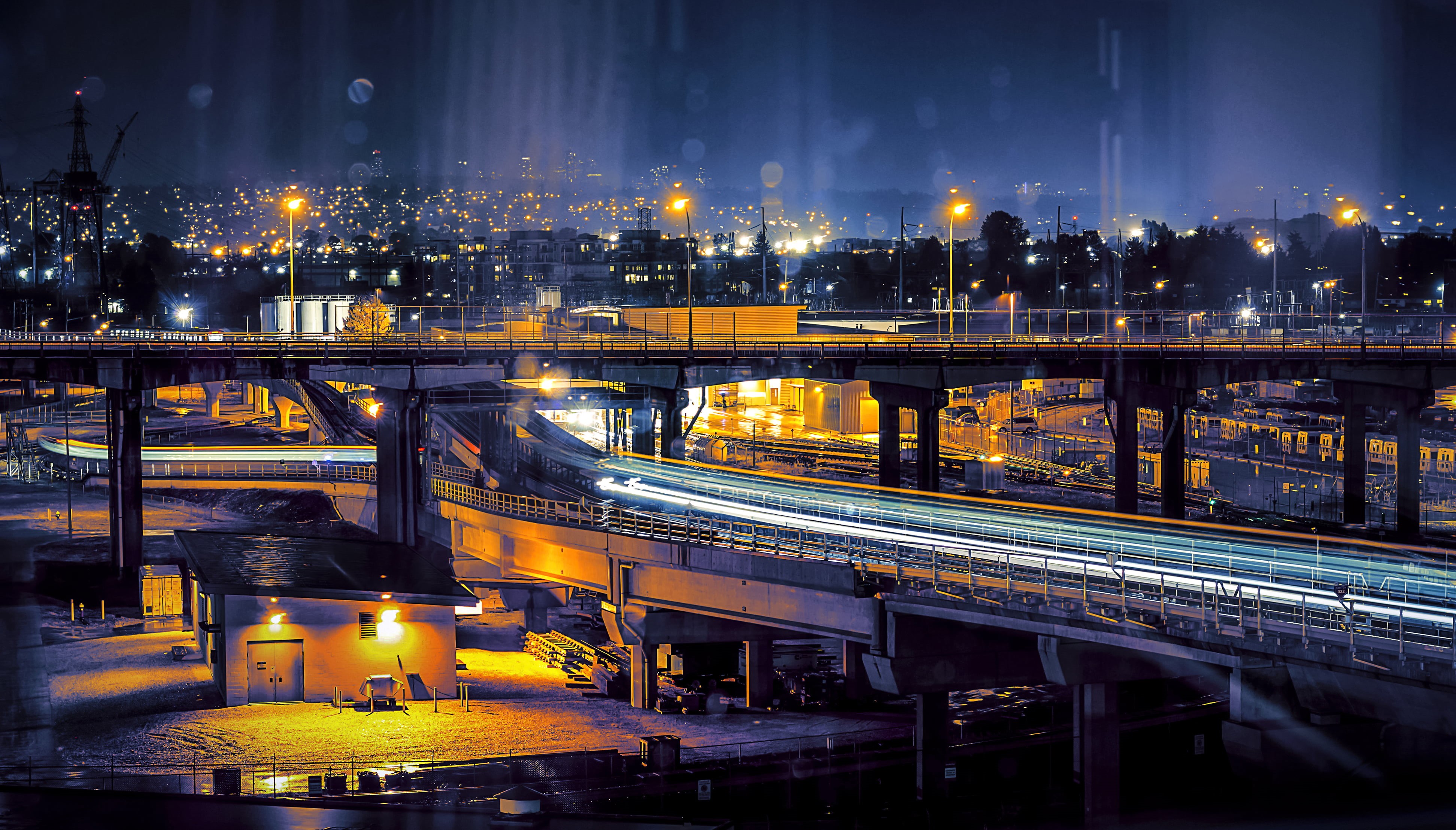 road, building, skytrain, railway, dark, night, cityscape, lighting, dark  blue, Vancouver, second, city  bridge, evening, landscape, streetlights, transportation, HD Wallpaper