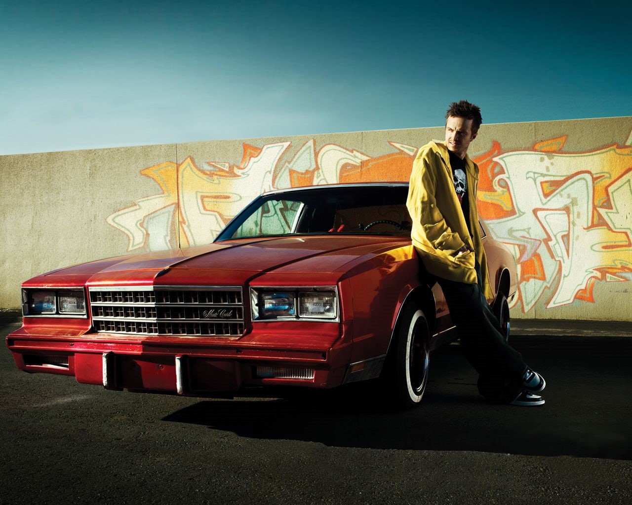 car, men, day, casual clothing, young men, land vehicle, Aaron Paul, sky, 720P, real people, one person, yellow, transportation, lifestyles, Breaking Bad, HD Wallpaper