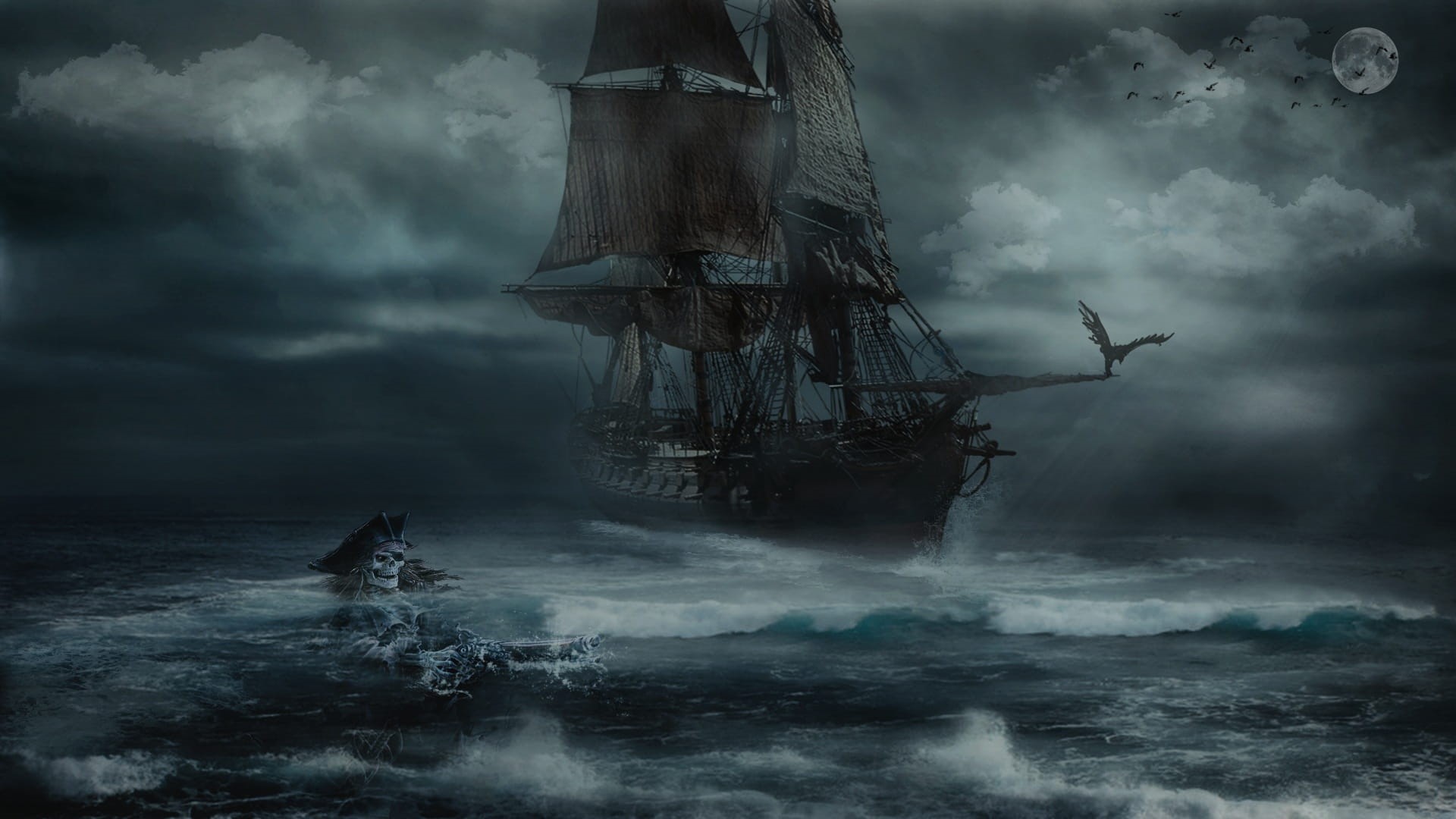 no people, sailing, storm cloud, sailboat, fantasy, nature, digital composite, 1080P, water, sea, outdoors, wawe, pirate, storm, marine, motion, cloud - sky, HD Wallpaper
