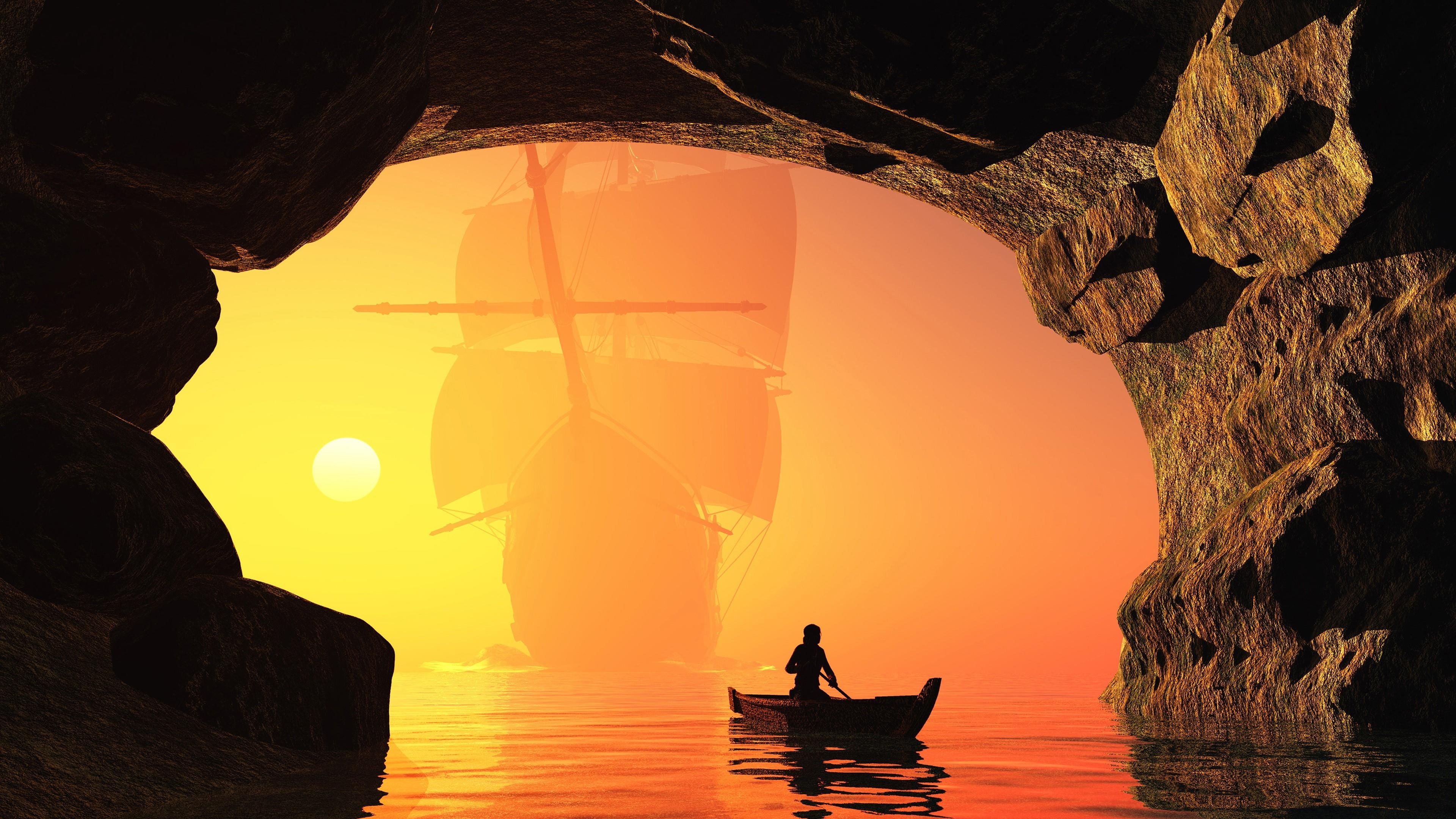 silhouette, evening, calm, rigged, rigged ship, sailing ship, 4K, sky, water, boat, sun, heat, cave, reflection, sea cave, sea, ship, schooner, masted, HD Wallpaper