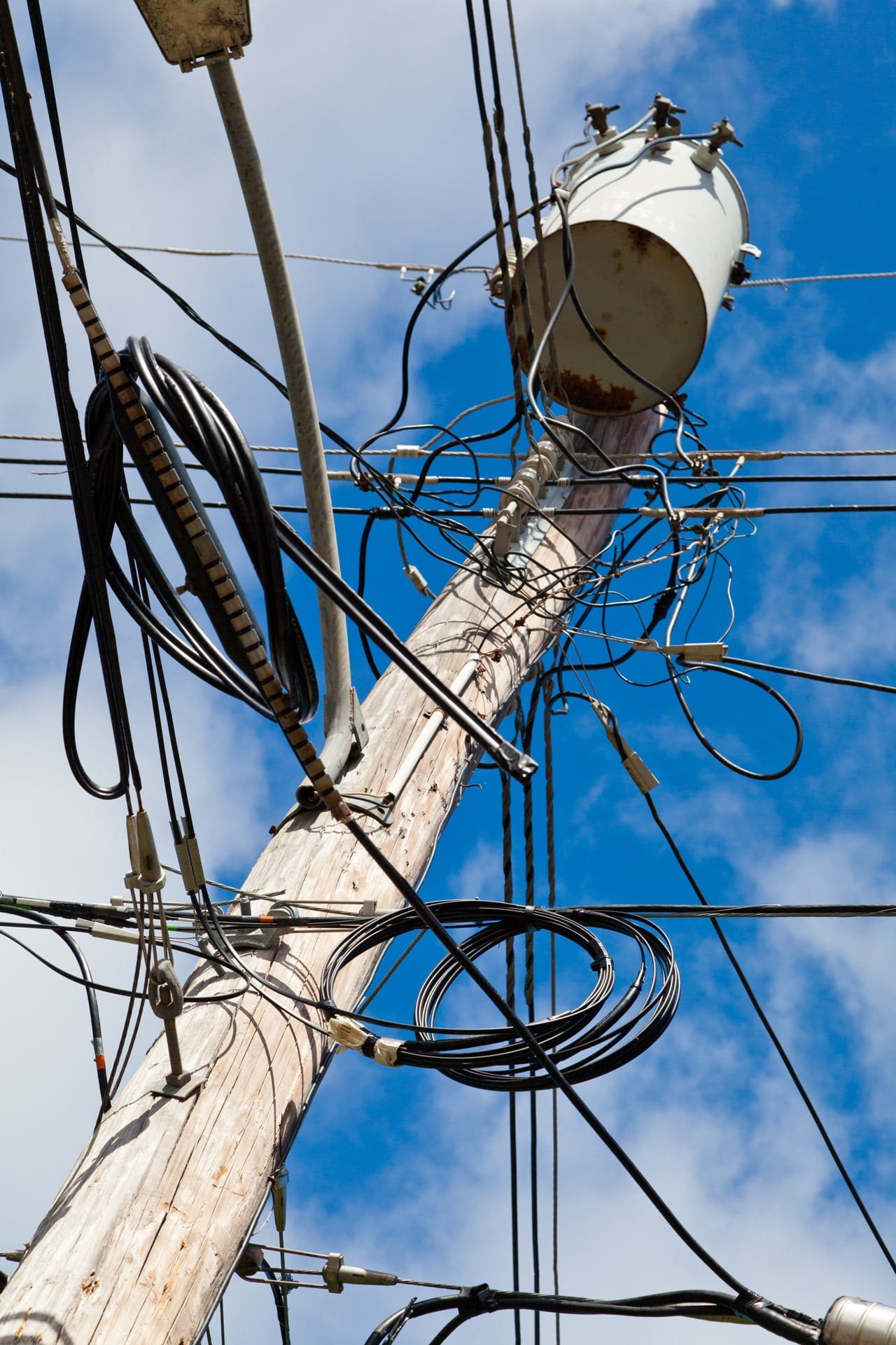 power, day, tree, mess, connection, power supply, electric, electrical equipment, no people, fuel and power generation, low angle view, pillar, complex, Phone HD Wallpaper