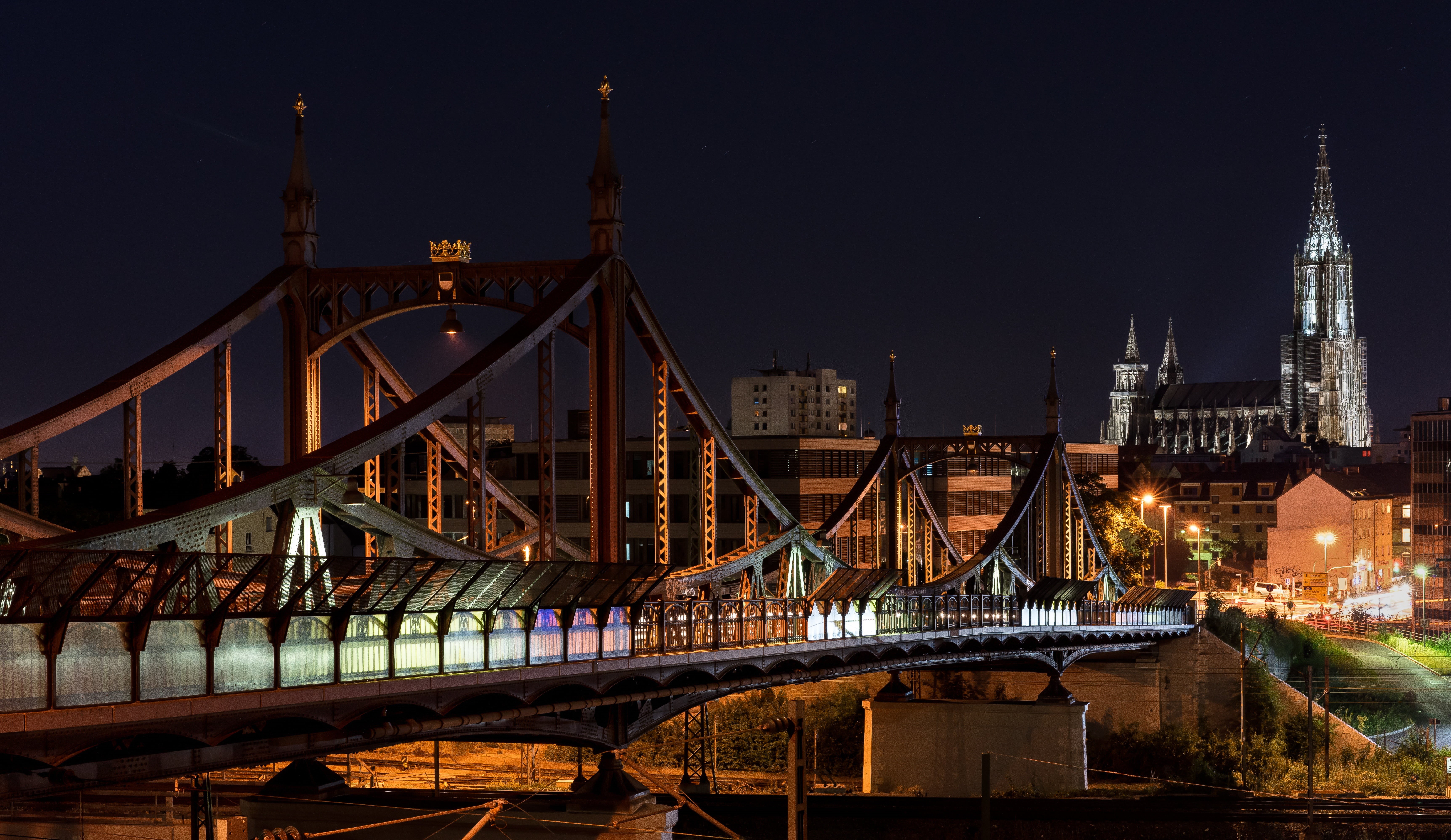ulm, skyscraper, bridge - man made structure, 5K, connection, built structure, tower, suspension, outdoors, transportation, near, church ulm, spire, steeple, HD Wallpaper