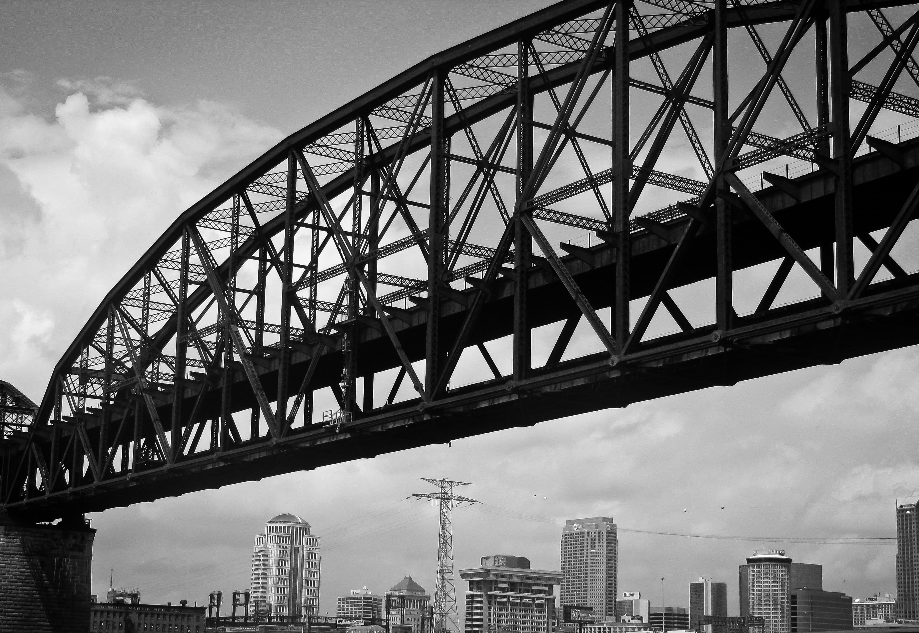 office building exterior, bridge - man made structure, grayscale, architectural, city, no people, travel destinations, architecture, travel, photography, HD Wallpaper