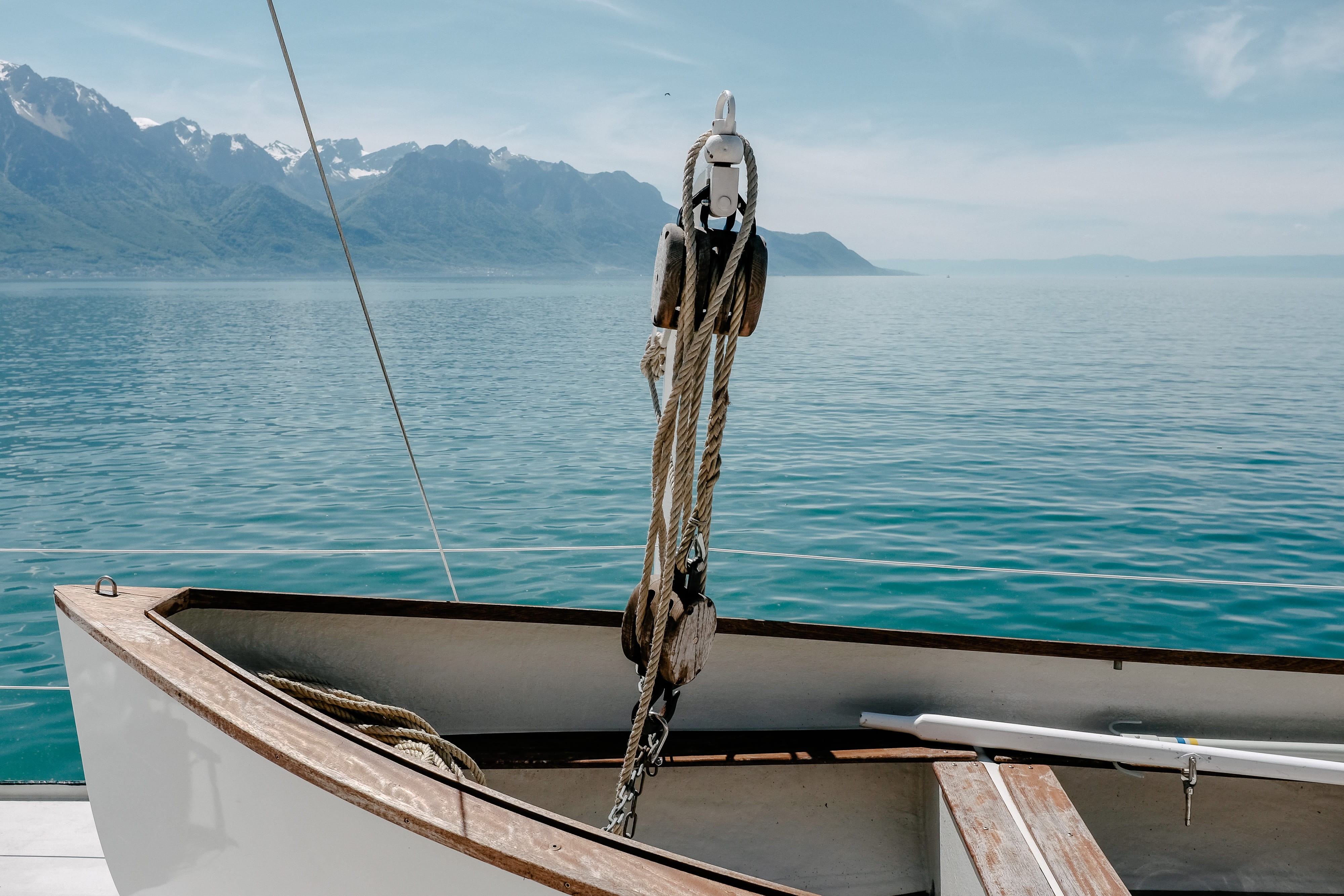 beautiful, yacht, nature, sky, wood - material, nautical, turquoise, wooden post, shipping, dock, travel, lifestyle, switzerland, ocean, boat, leman, anchor, HD Wallpaper