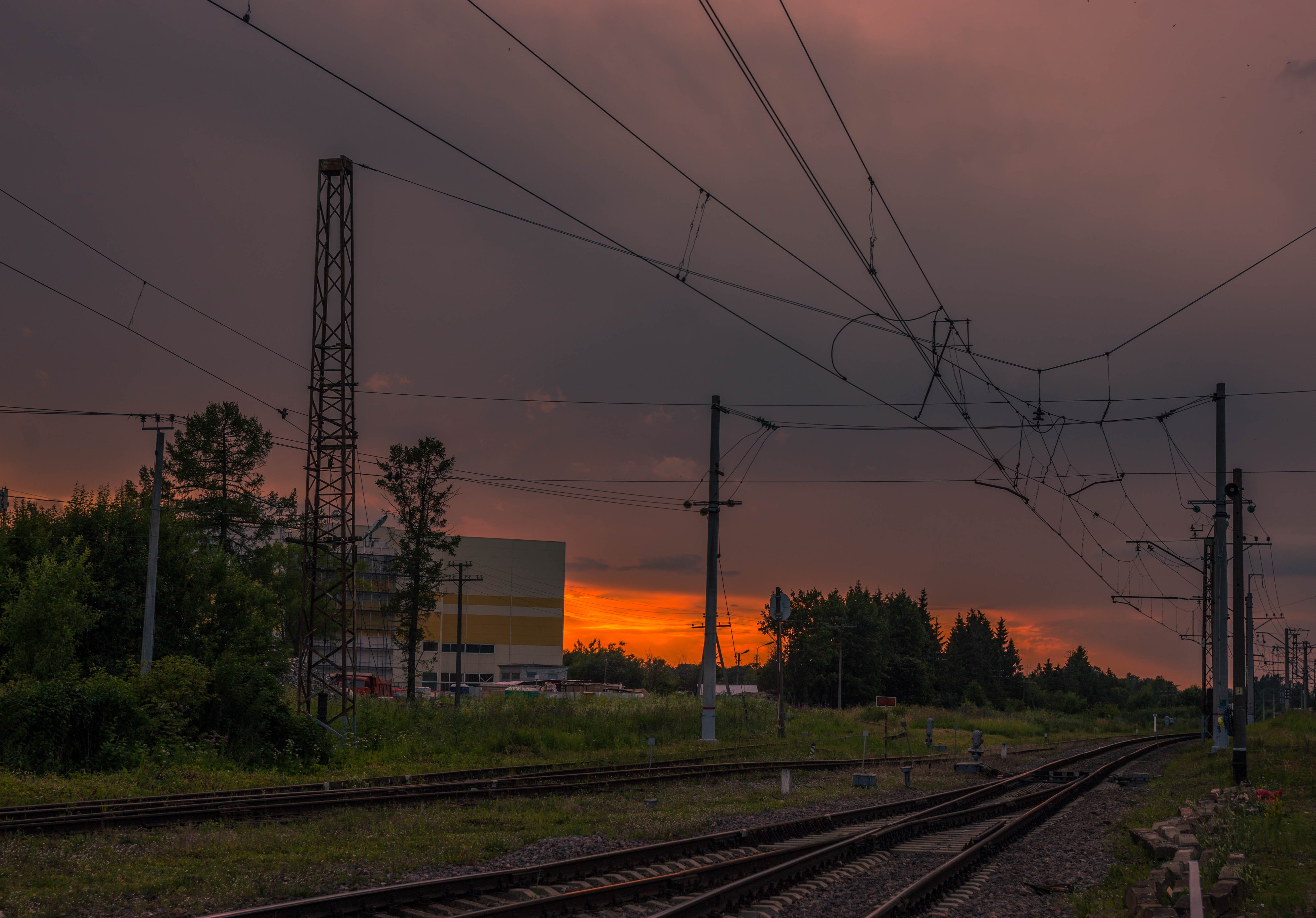 memories, composition, connection, elektrichka, cable, tree, heat, gatchina, road, rail transportation, motion, electricity, track, sky, railway, no people, HD Wallpaper
