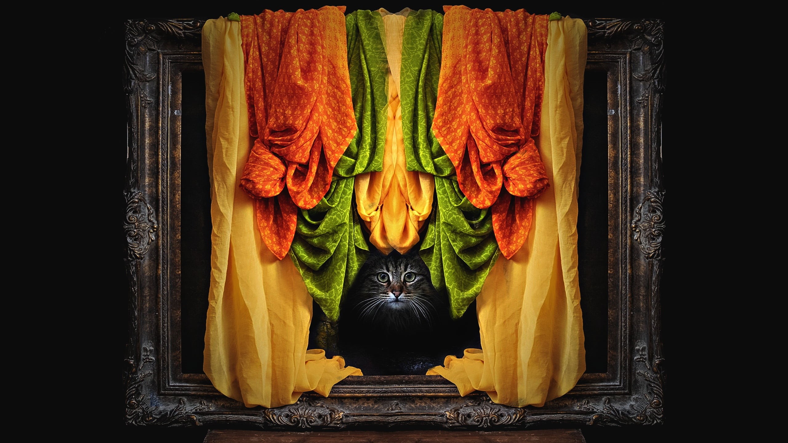face, striped, 2K, composition, picture, nodes, matter, fabric, orange, frame, yellow, hanging, black background, curtain, grey, photoshop, green, vintage, HD Wallpaper