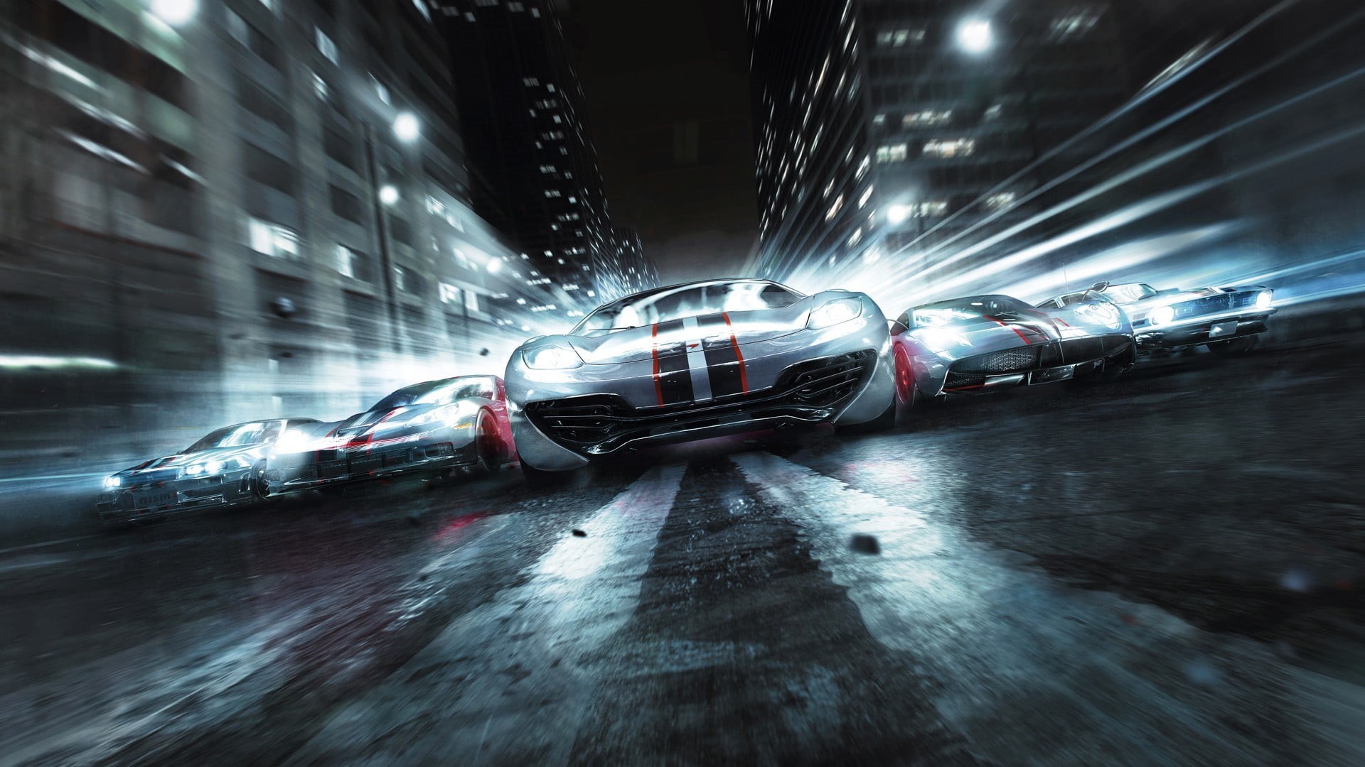 digital, red, 1080P, gray, speed, on the move, no people, motor vehicle, snowing, sports, wet, Grid 2, blurred motion, street, building exterior, HD Wallpaper