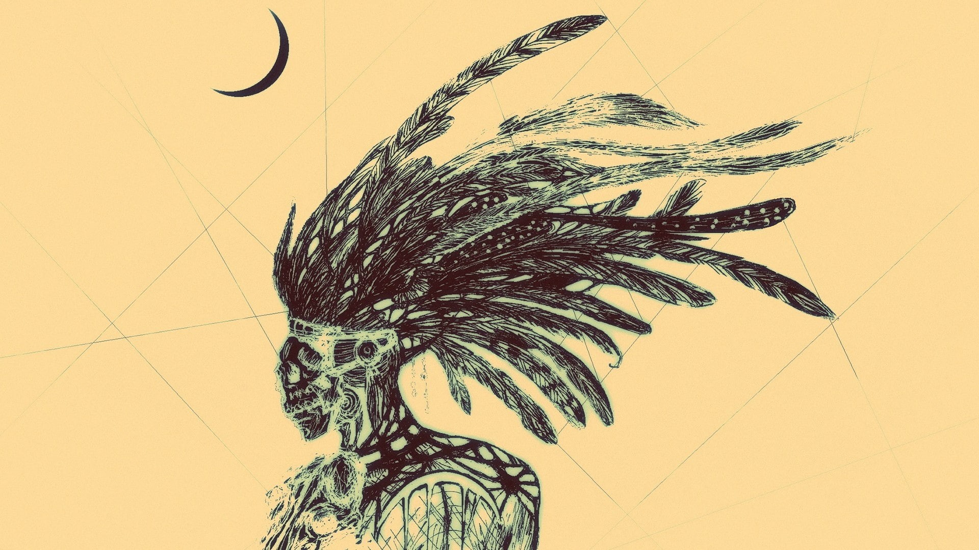 selective, minimalism, art, skeleton, selective coloring, coloring, artwork, moon, digital, lines, digital art, 1080P, feathers, HD Wallpaper