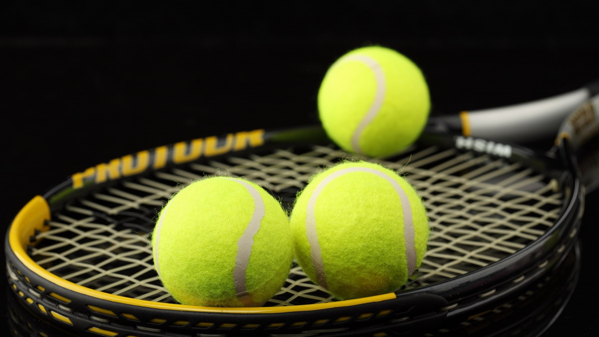yellow, ball, black, tennis racket, tennis, 1080P, lawn, racket, HD Wallpaper