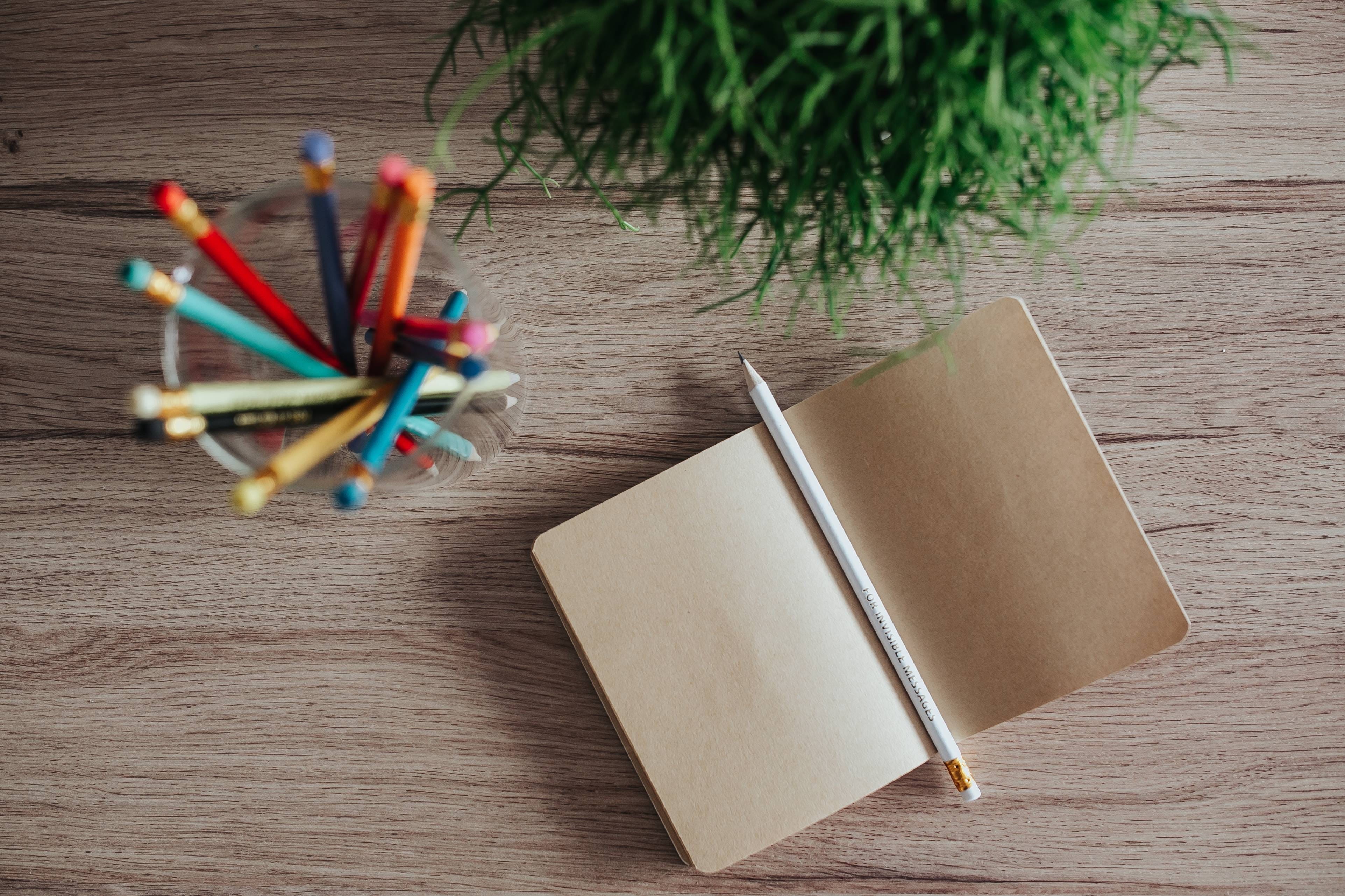 notebook, indoors, art and craft, container, day, craft, blank, wooden, pencils, art and craft equipment, Notebooks, pencil, still life, paper, large group of objects, HD Wallpaper