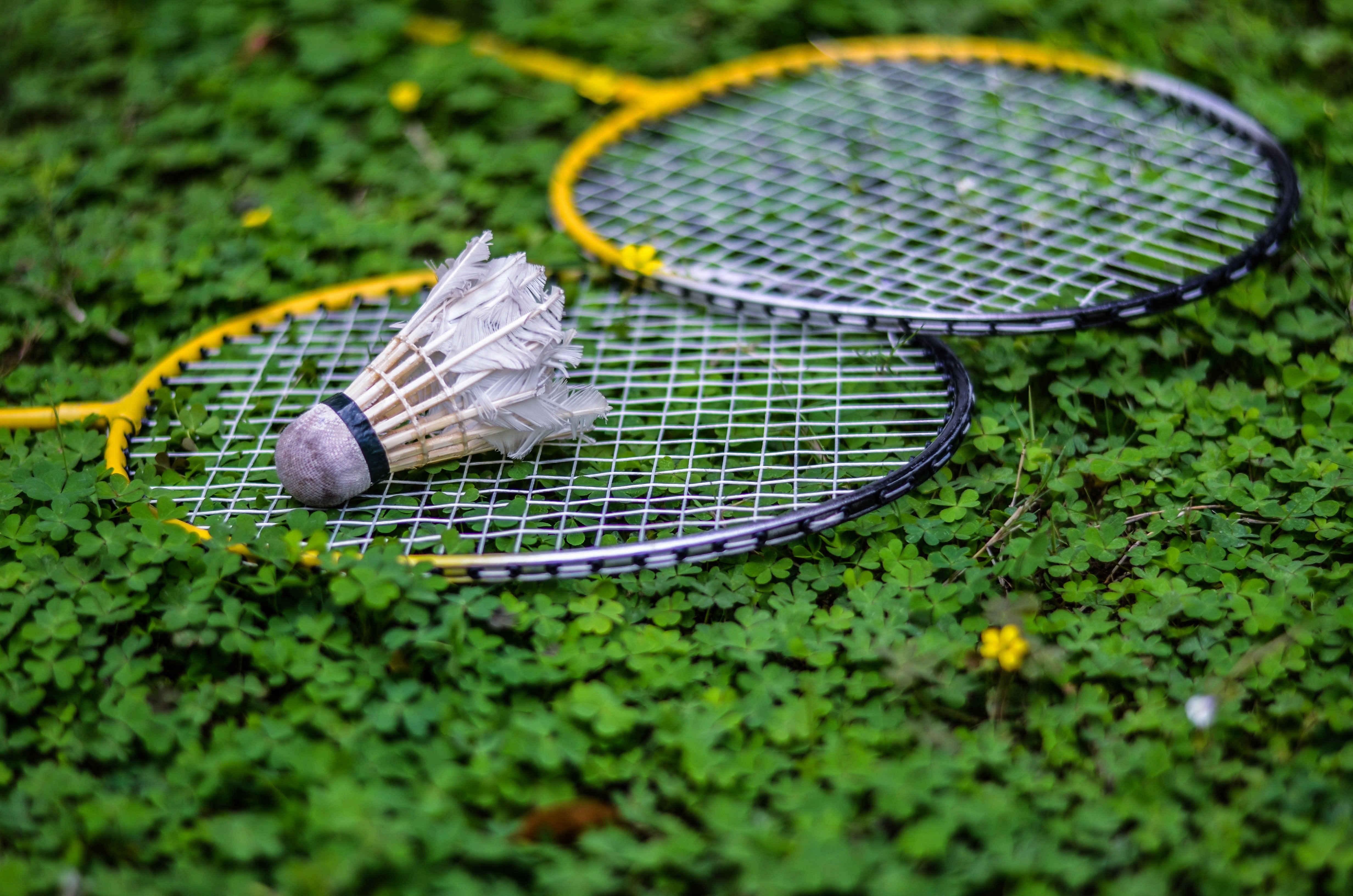 no people, growth, two, tennis, racket, selective focus, nature, leaf, rackets, shuttlecock, 4K, yellow, close-up, outdoors, still life, focus on foreground, HD Wallpaper