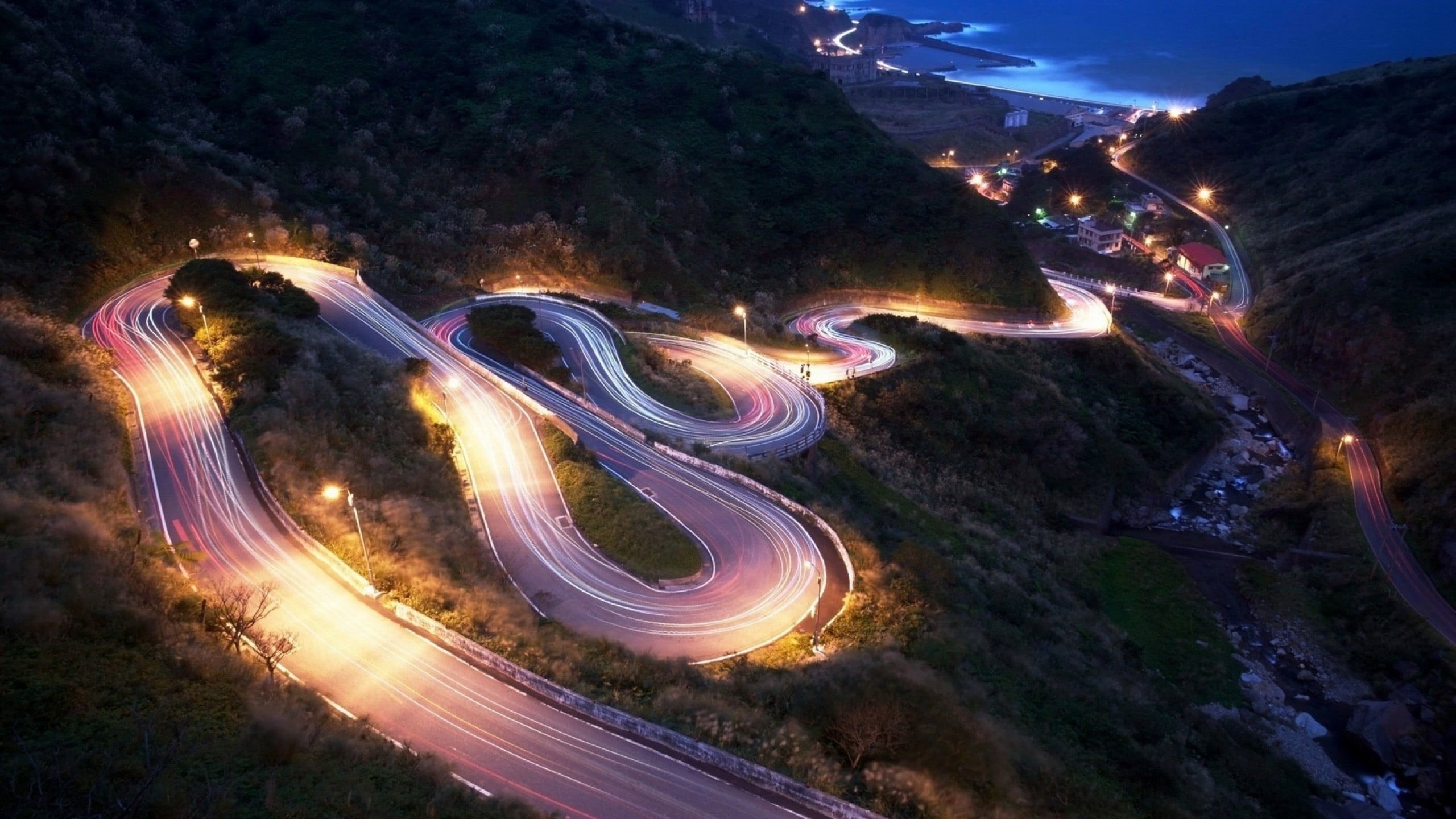 light trail, asphalt, hairpin turns, 2K, high angle view, illuminated, blurred motion, land, night, no people, mountain, purple, landscape, nature, mountains, HD Wallpaper
