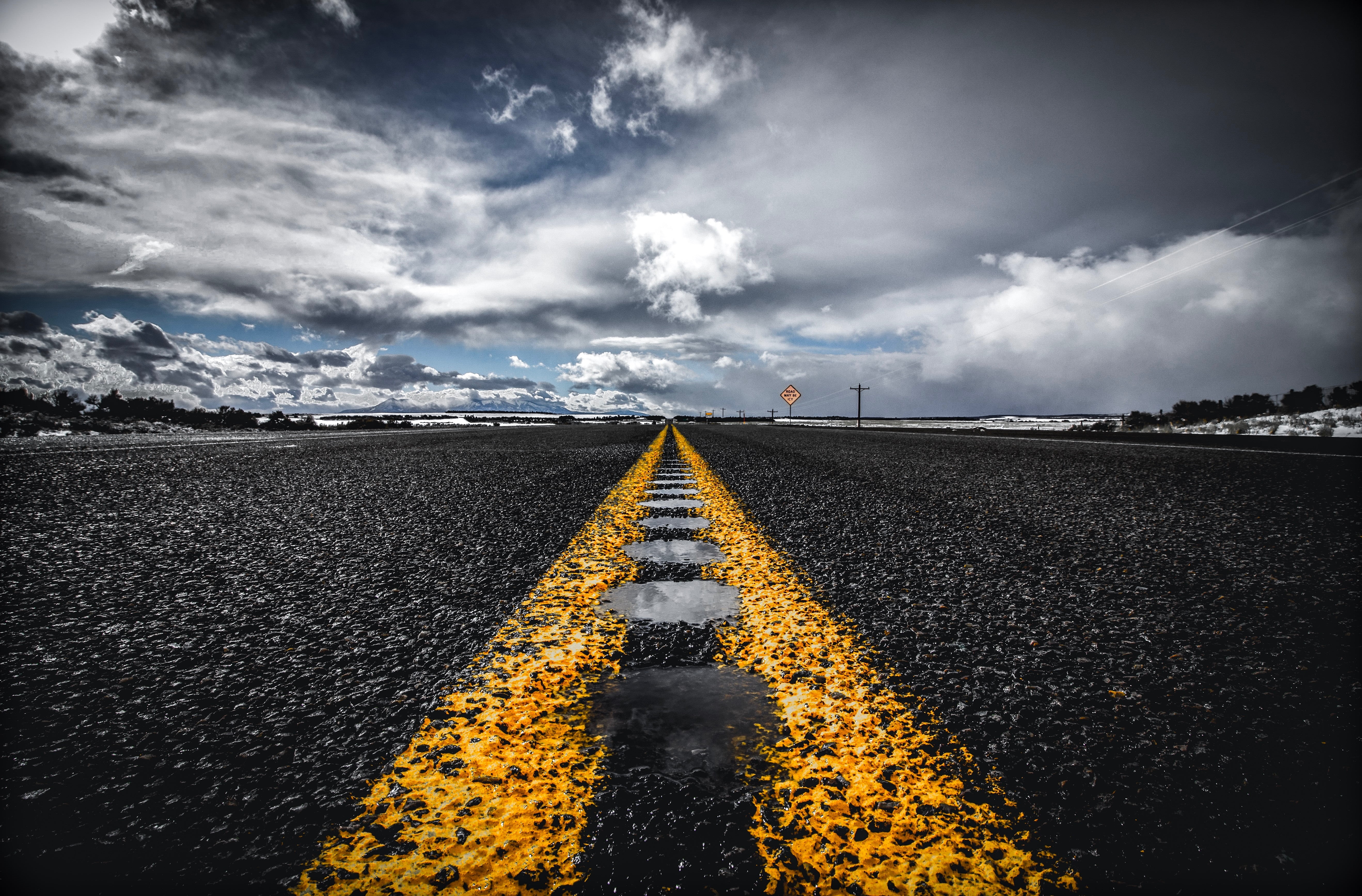 travel, asphalt, journey, outdoors, diminishing Perspective, transportation, cloud - Sky, nature, street, direction, straight, double yellow line, blue, HD Wallpaper