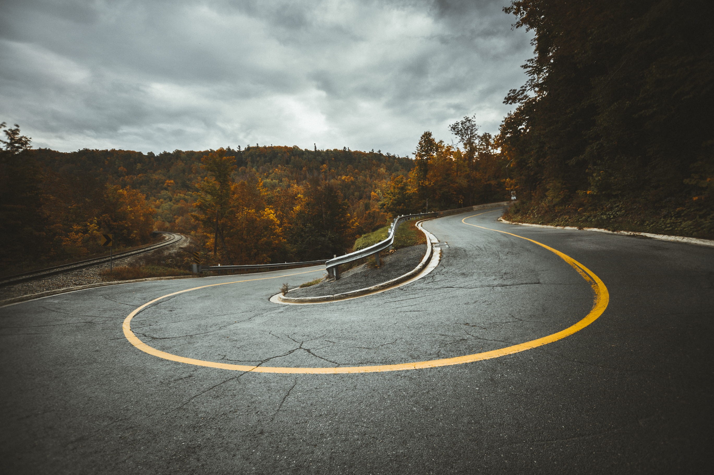 asphalt, outdoors, clouds, nature, change, forest, curve, road, transportation, near, sign, scenics, Caledon, road marking, street, dividing Line, view, HD Wallpaper