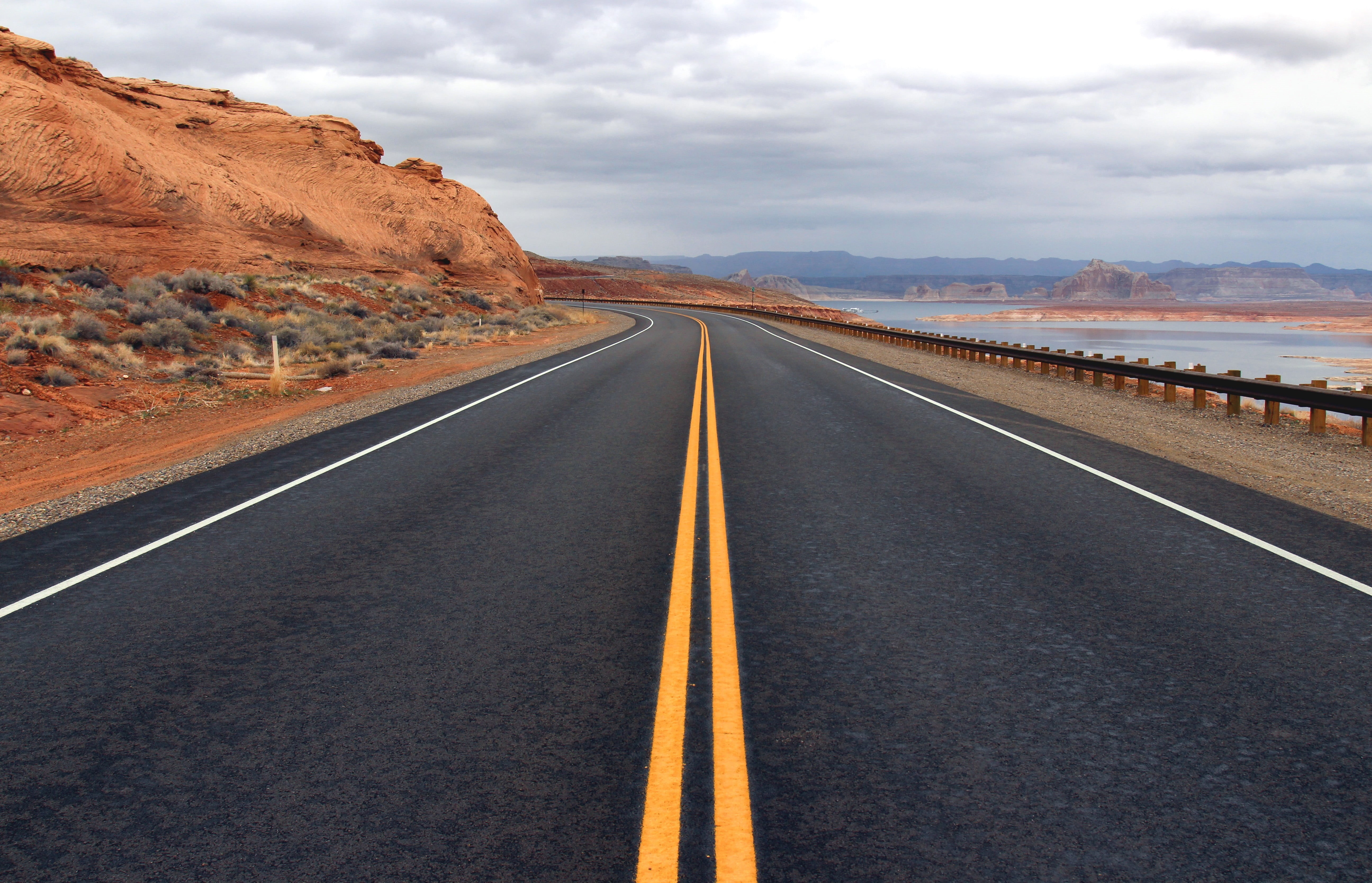 divider, top, uSA, yellow  line, yellow, 5K, nature, drive, view, natural, day, black and yellow, scenics, sky  beauty, highway, lake, desert, activity, HD Wallpaper