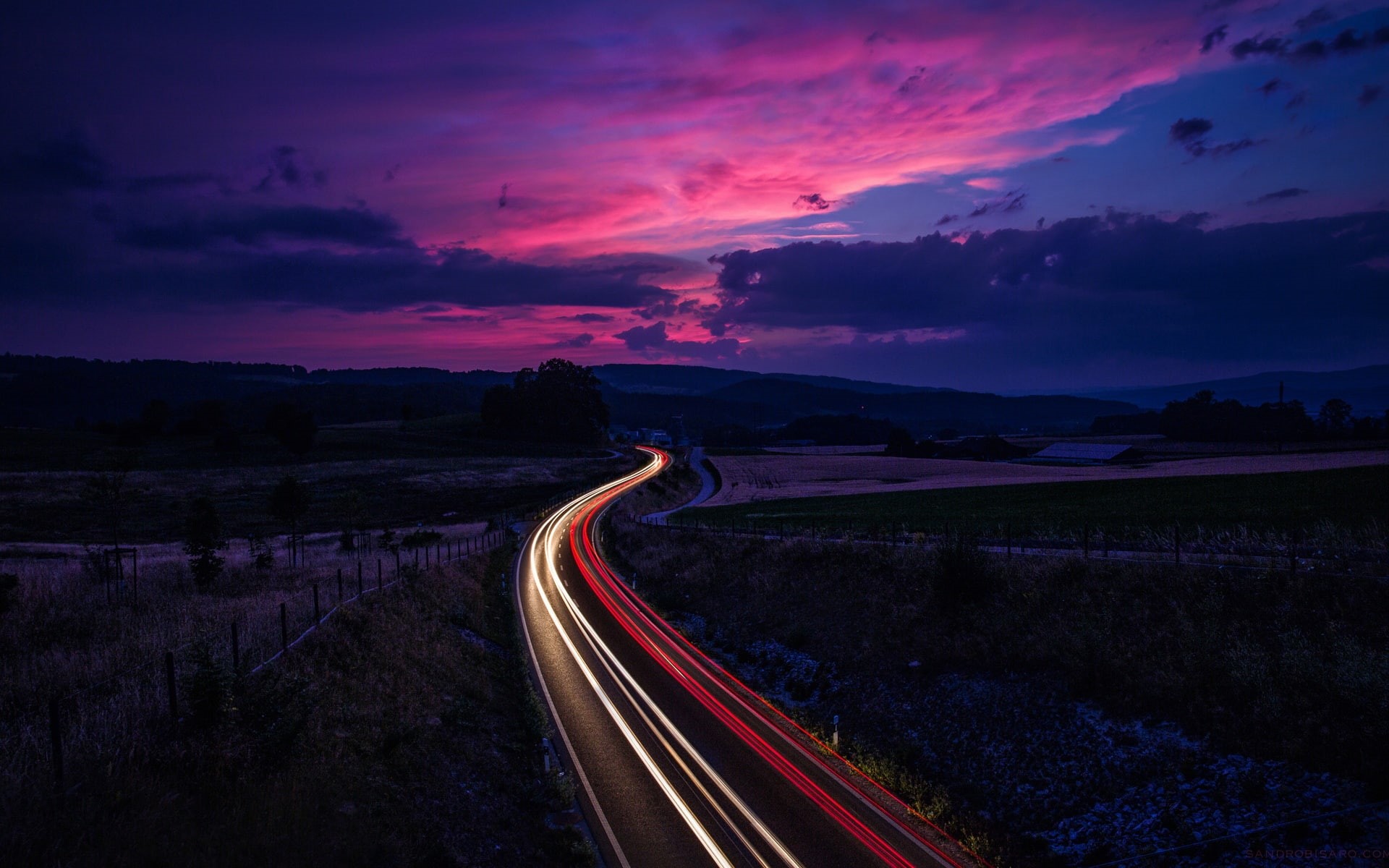Sky, Road, Lines, Light, Traffic, Purple, 1080P, Twilight, Switzerland, Sunset, HD Wallpaper