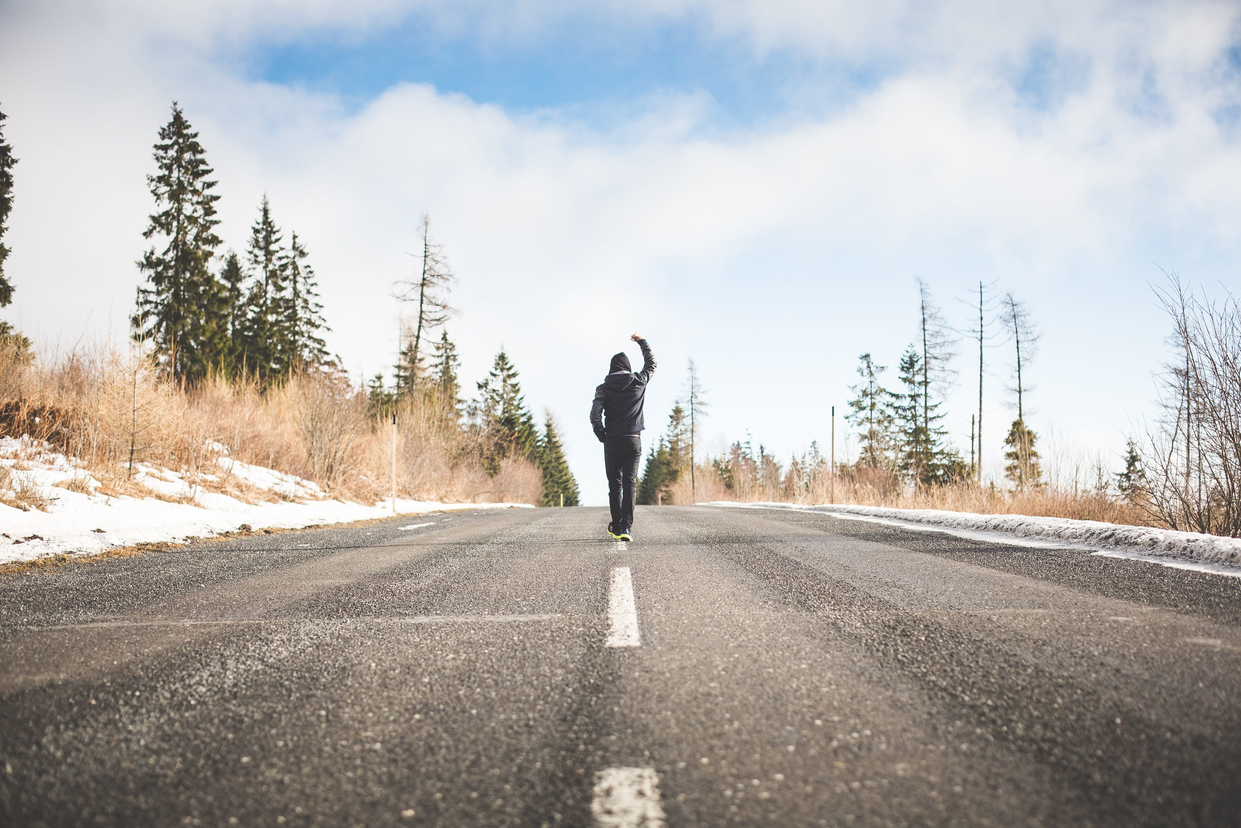 adult, 4K, Man, motivation, roads, power, landscape, hood - clothing, street, guy, clouds, rocky, cold temperature, asphalt, Winner, transportation, room for text, HD Wallpaper