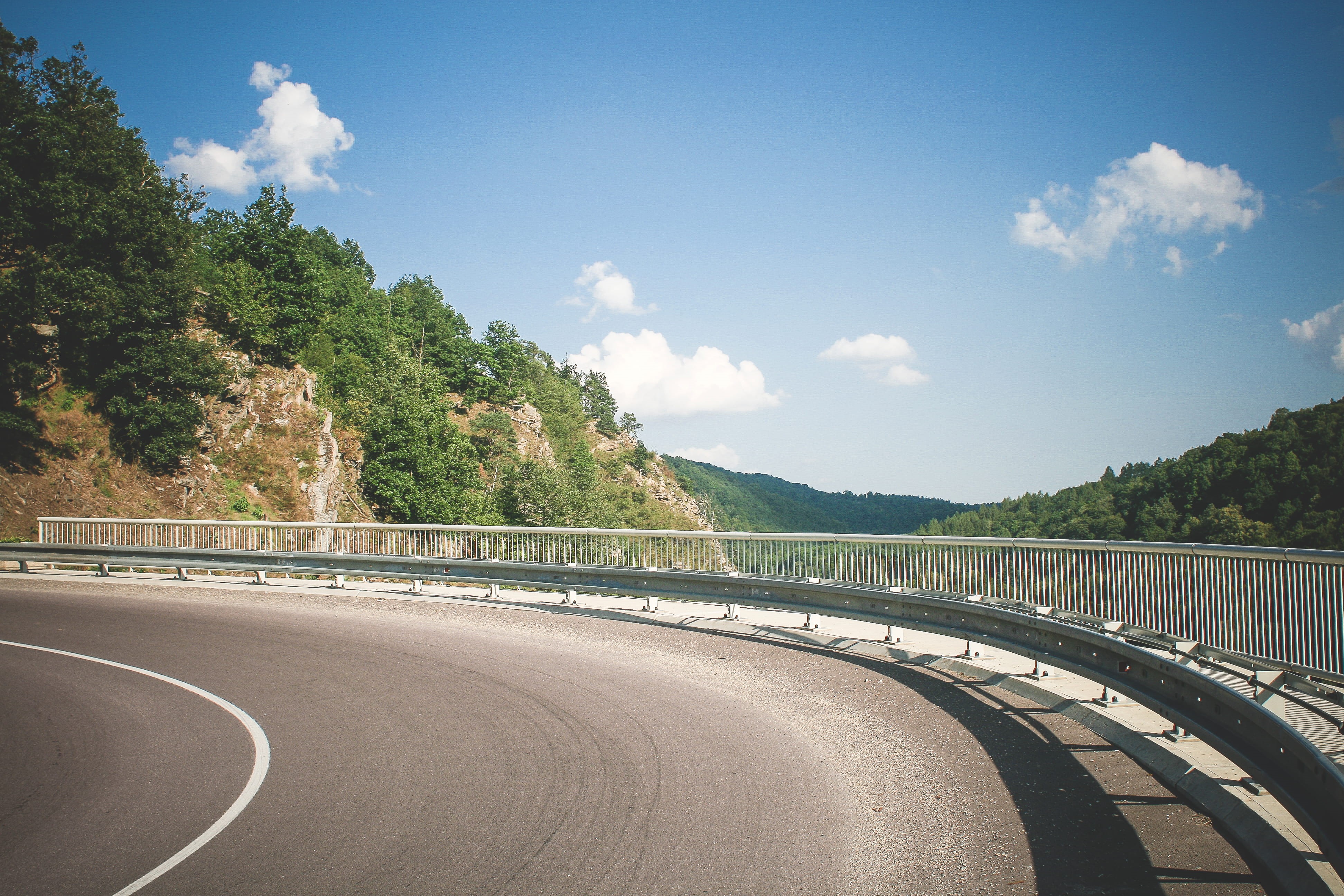 outdoors, traffic, mountain, mountains, multiple Lane Highway, hills, asphalt, 4K, plant, sky, dividing Line, transportation, forest, cloud - sky, water, HD Wallpaper