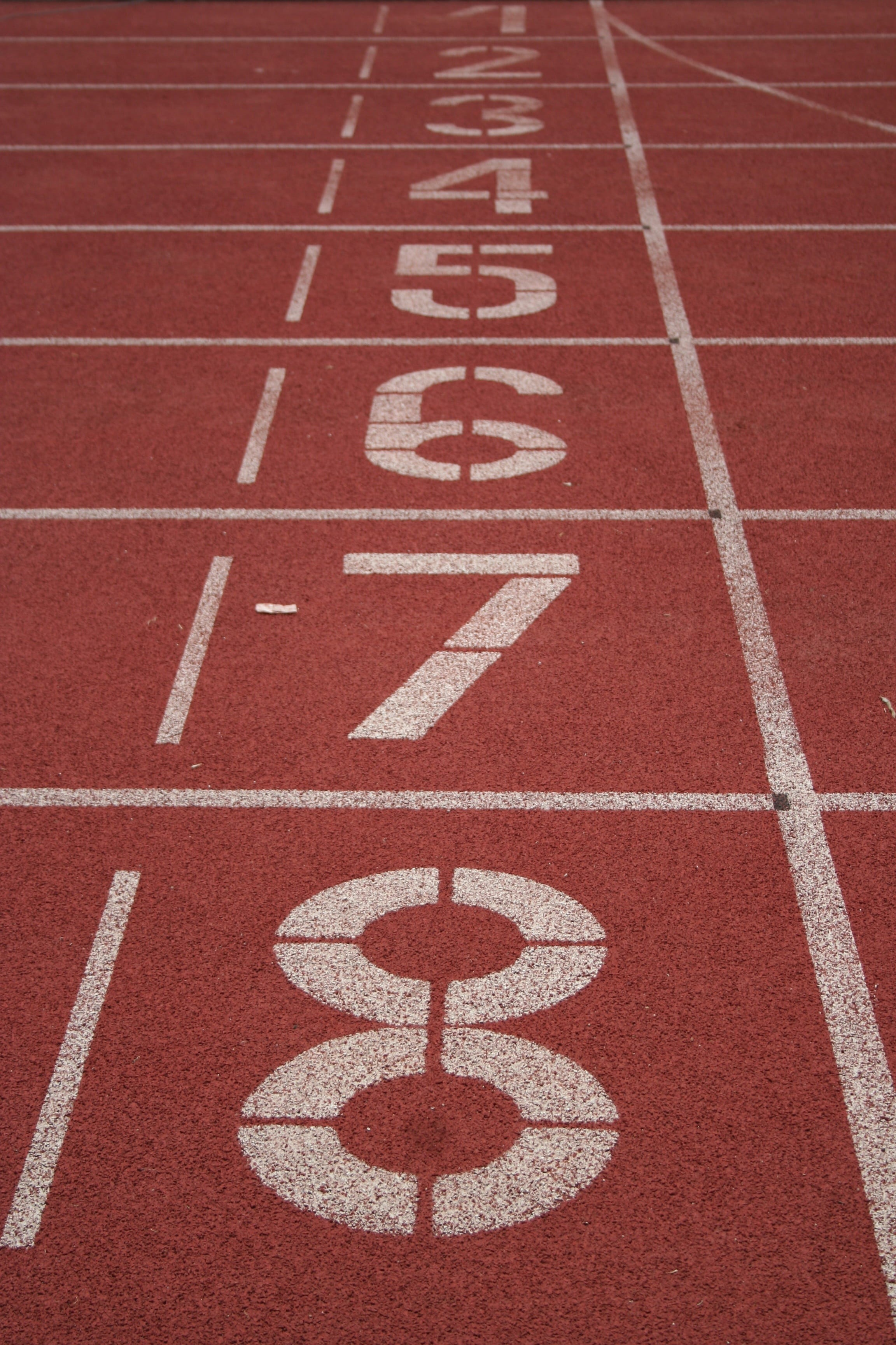 lane, running track, high angle view, day, no people, direction, lanes, marathon, competition, athletics, numbers, number, absence, stadium, sport, track and field, Phone HD Wallpaper