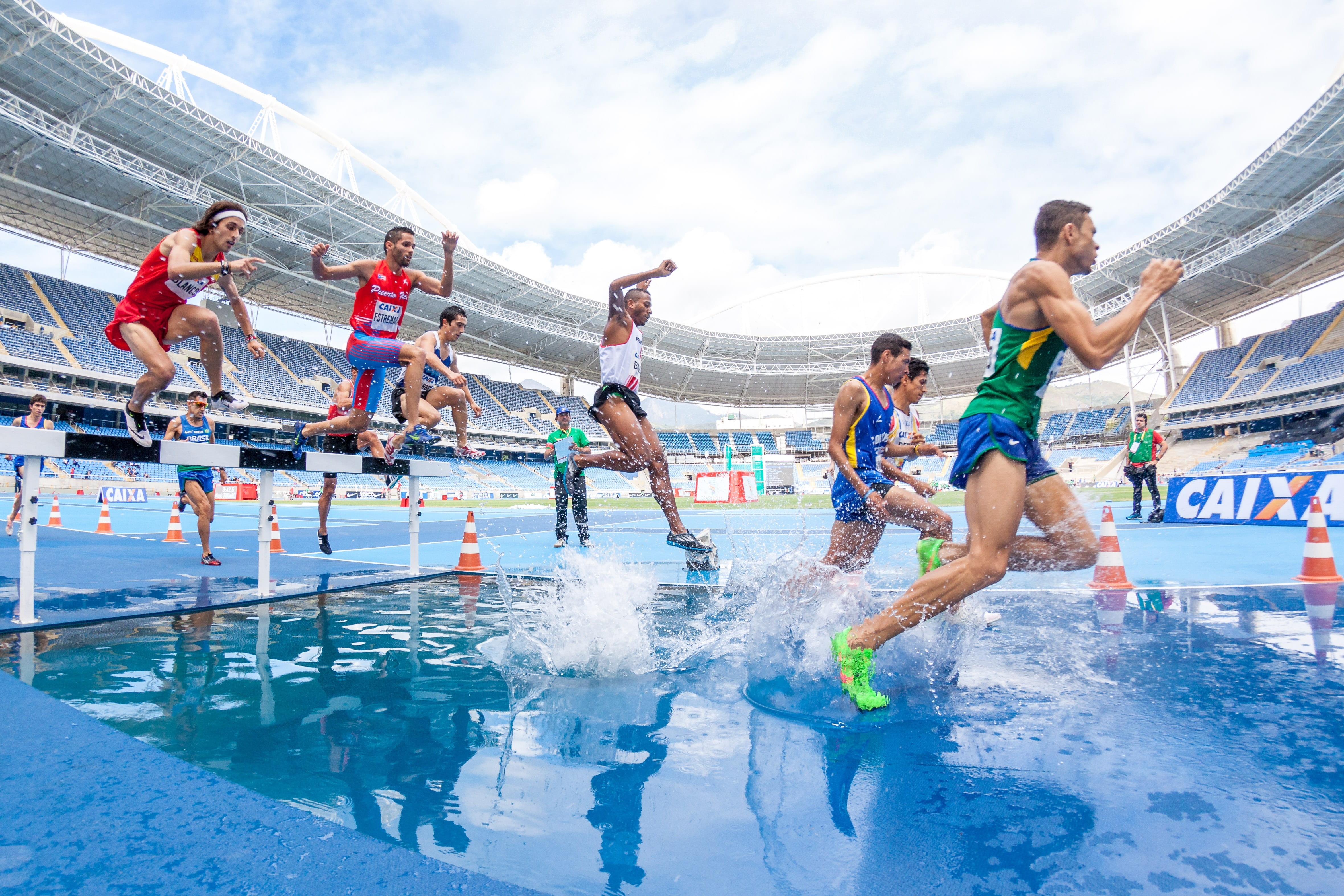 hurdle, enjoyment, water, leisure activity, running, adult, day, group, splash, 4K, action, young adult, males, lifestyles, motion, splashing, men, sport, HD Wallpaper