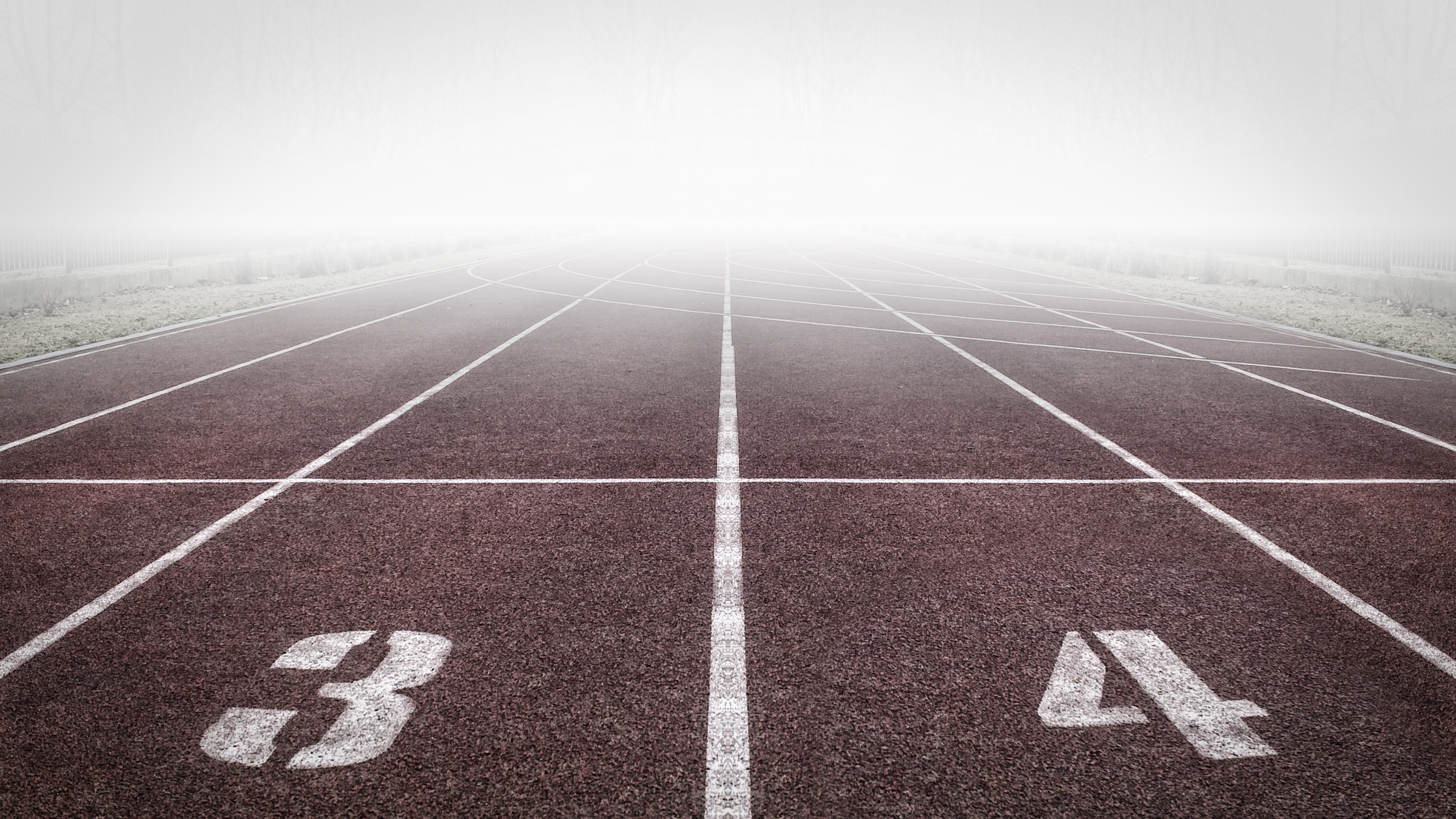 track field, challenge, in a row, direction, outdoors, goal line, misty, no people, forward, field, beginnings, brown, route, start, stadium, competition, HD Wallpaper