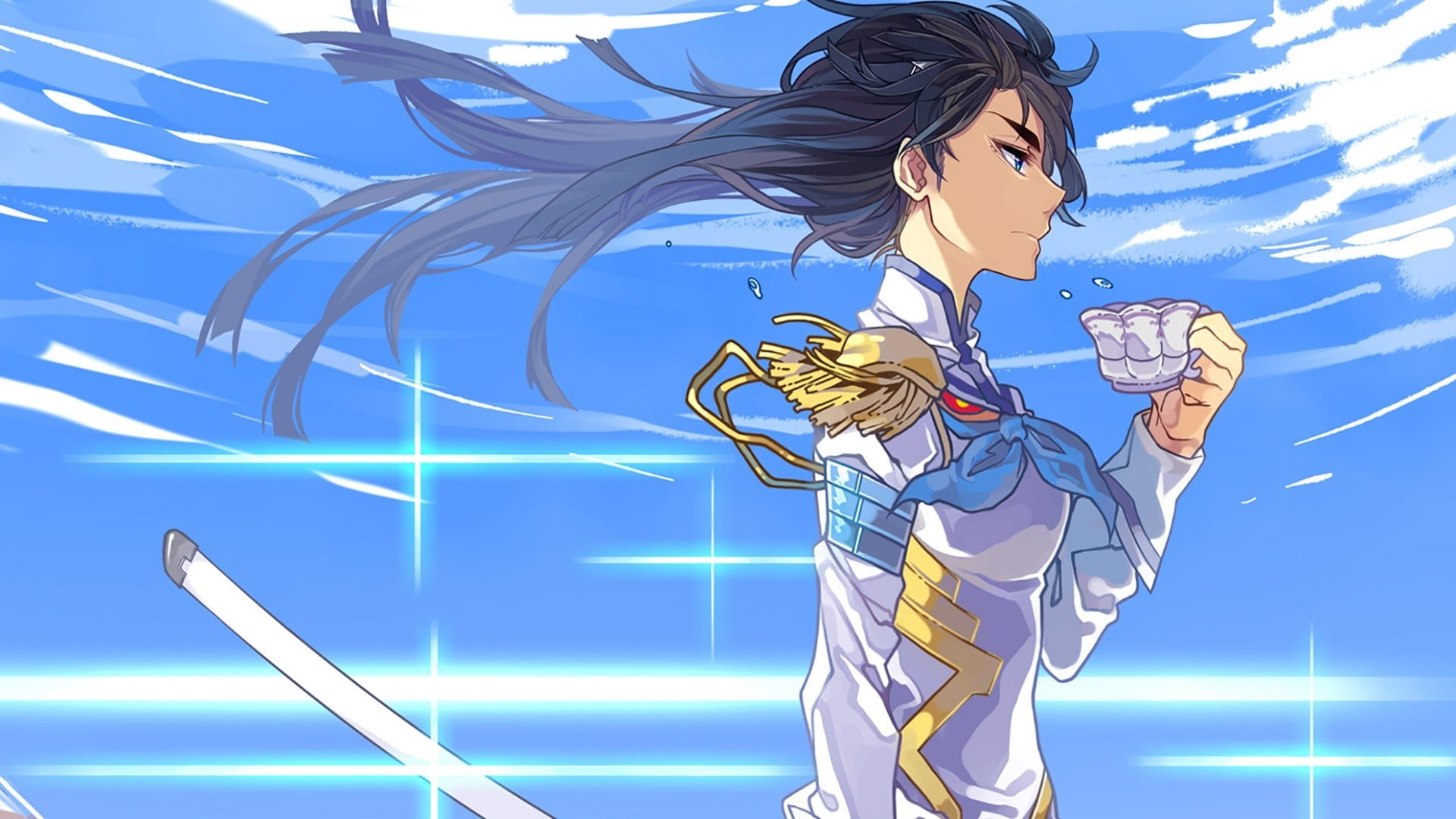 wind, blue background, side view, 1080P, Kill la Kill, day, indoors, full length, art and craft, nature, creativity, human representation, clothing, one person, HD Wallpaper