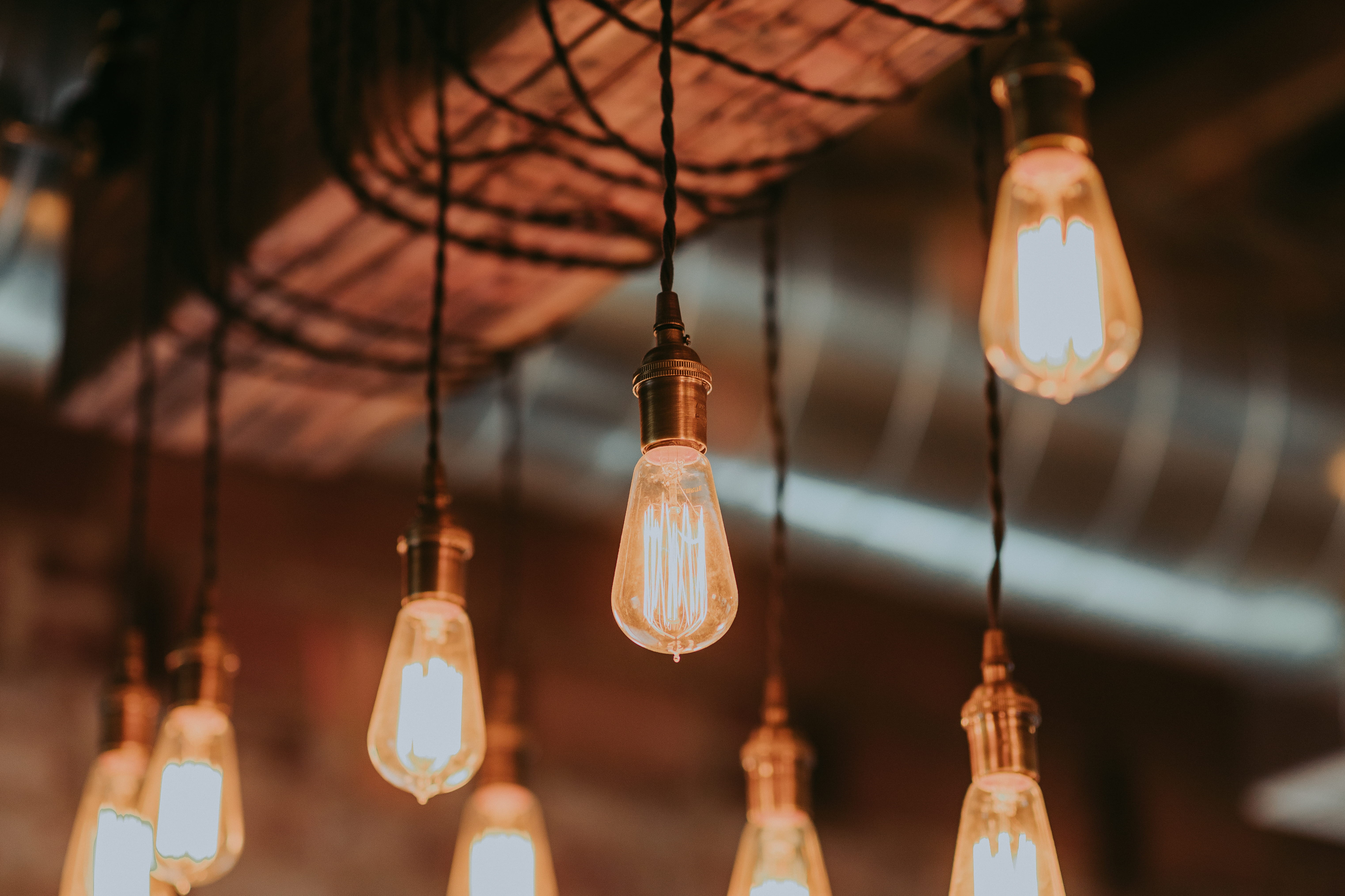 office, cable, wooden, dangle, electric lamp, photography, glow, incandescent, 5K, ceiling, illuminated, electric light, light, light fixture, shallow, HD Wallpaper