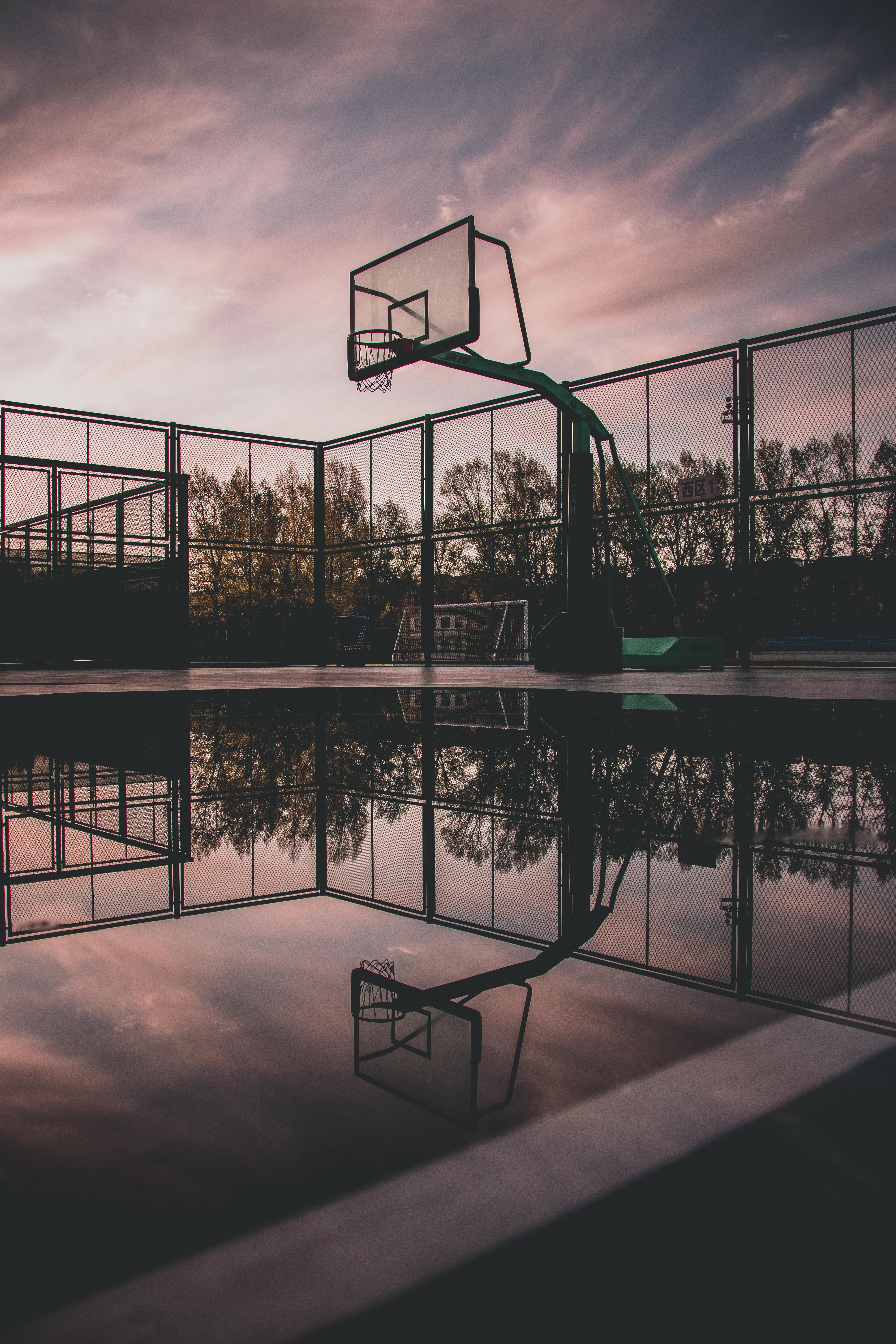 no people, nature, water, tree, portable, swimming pool, silhouette, beauty in nature, urban, puddle, dusk, plant, sport, railing, trees, modern, basketball basket, Phone HD Wallpaper