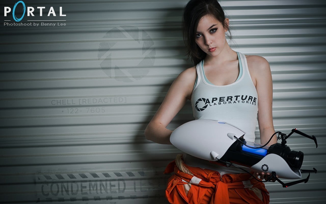 architecture, Valve Corporation, text, Steam (software), video games, brown hair, western script, Portal (game), lifestyles, crash helmet, cosplay, front view, HD Wallpaper
