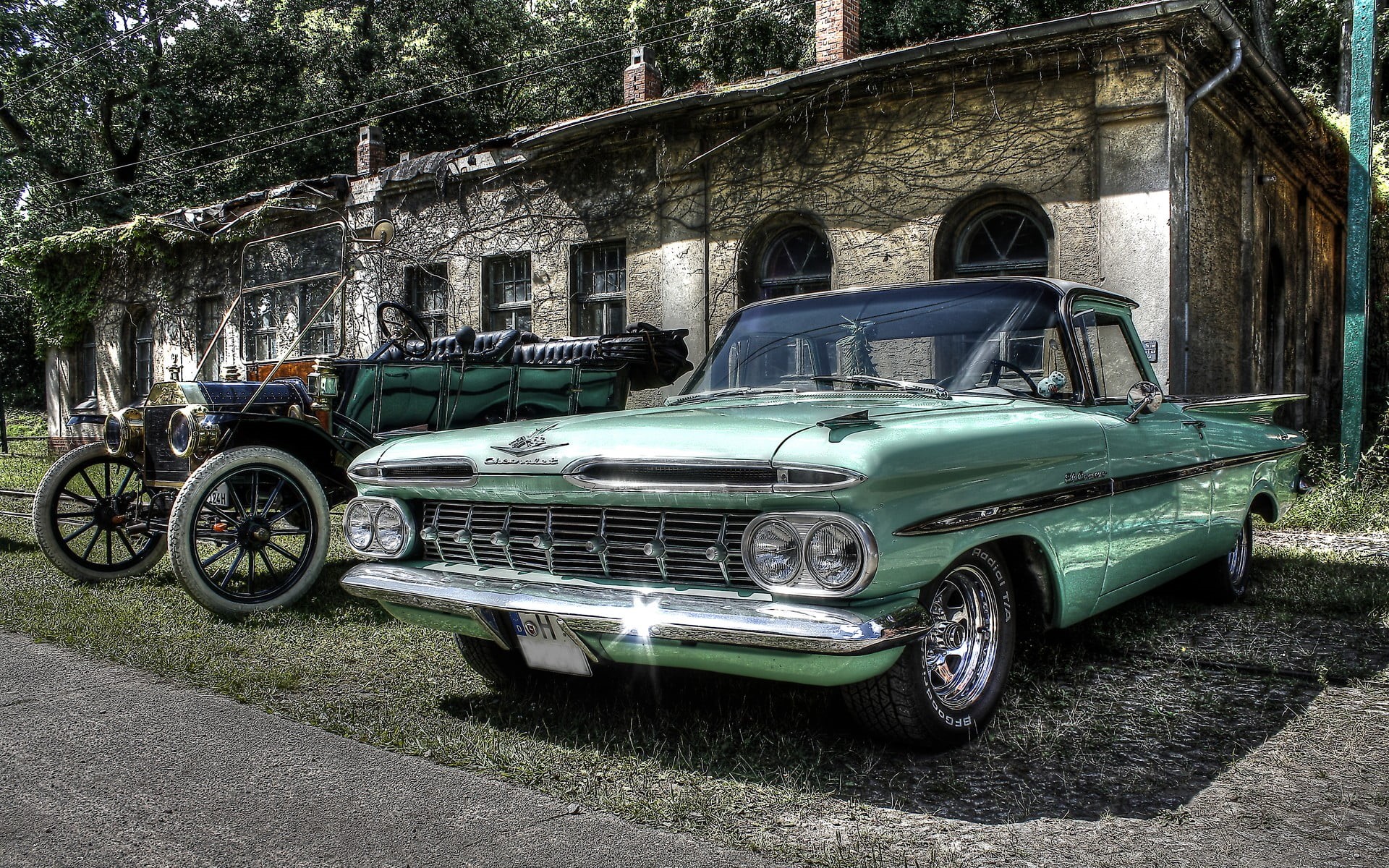 car, stationary, Chevrolet, land vehicle, coupe, built structure, outdoors, no people, vehicle, retro styled, HDR, motor vehicle, tree, mode of transportation, HD Wallpaper