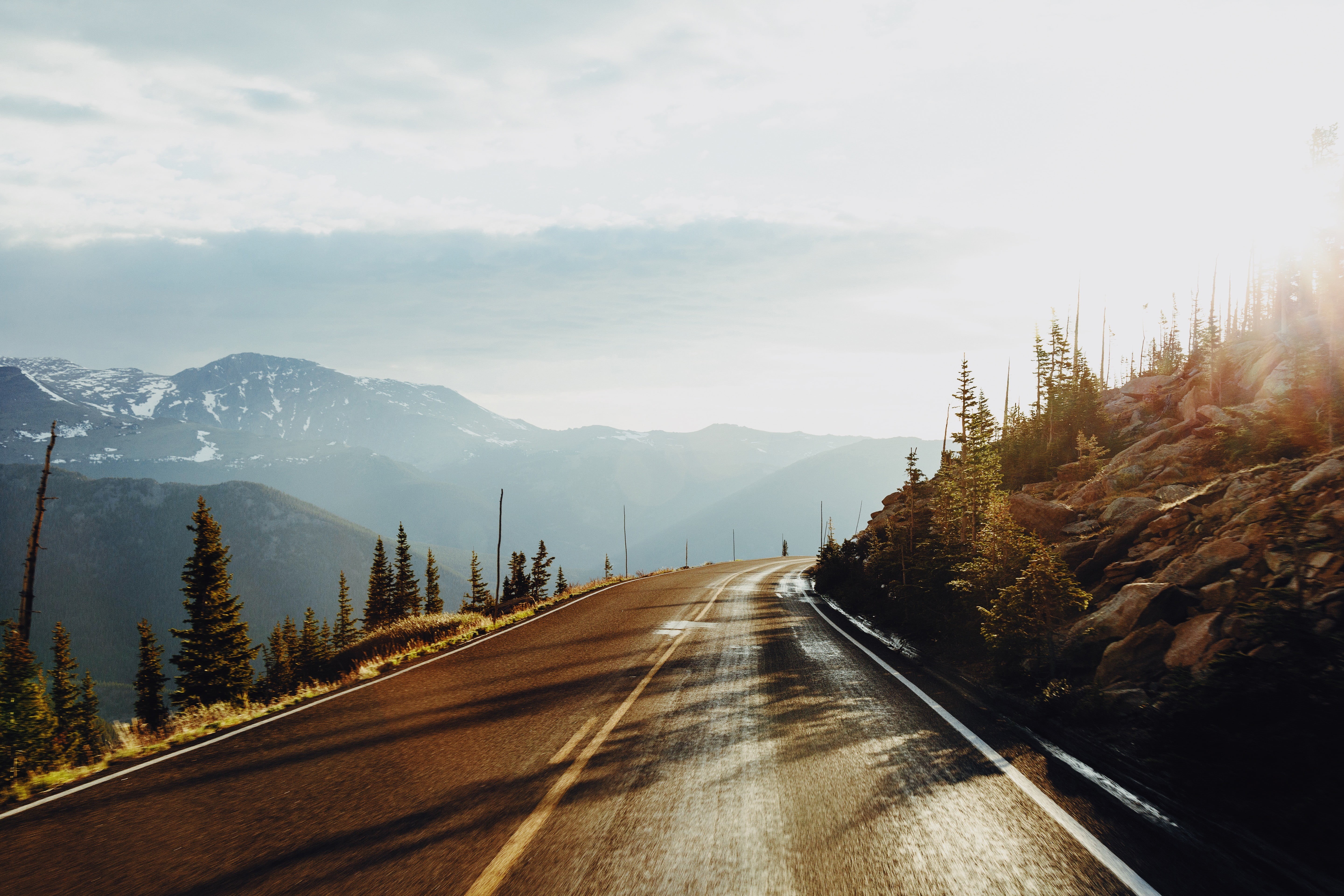 the way forward, tranquil scene, mountain range, transportation, road, tree, asphalt, nature, mountain, sun rays, snow, outdoors, diminishing perspective, HD Wallpaper