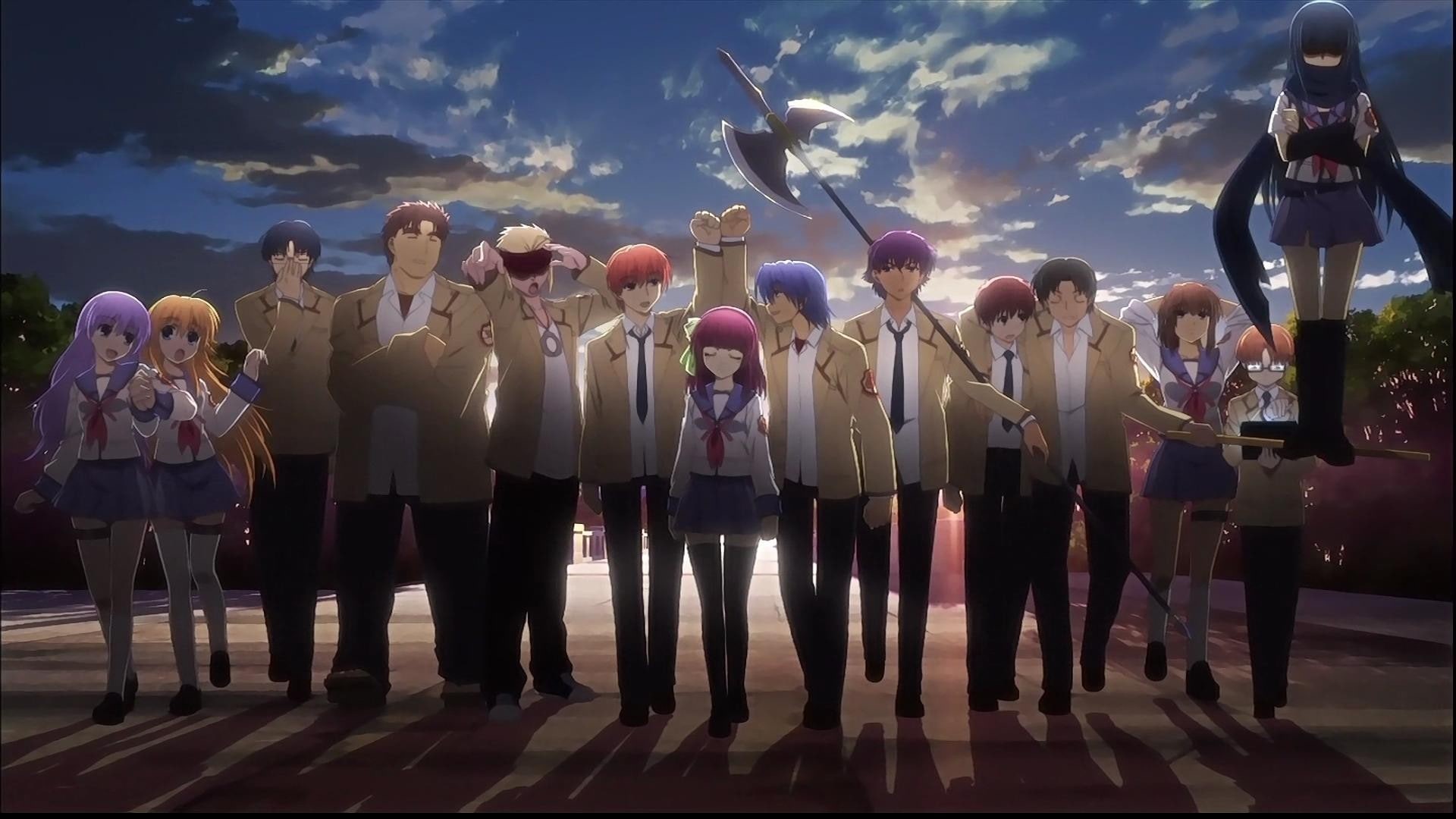 artist, Angel Beats!, 1080P, men, musical instrument, standing, anime girls, leisure activity, anime, group of people, sky, event, full length, lifestyles, HD Wallpaper