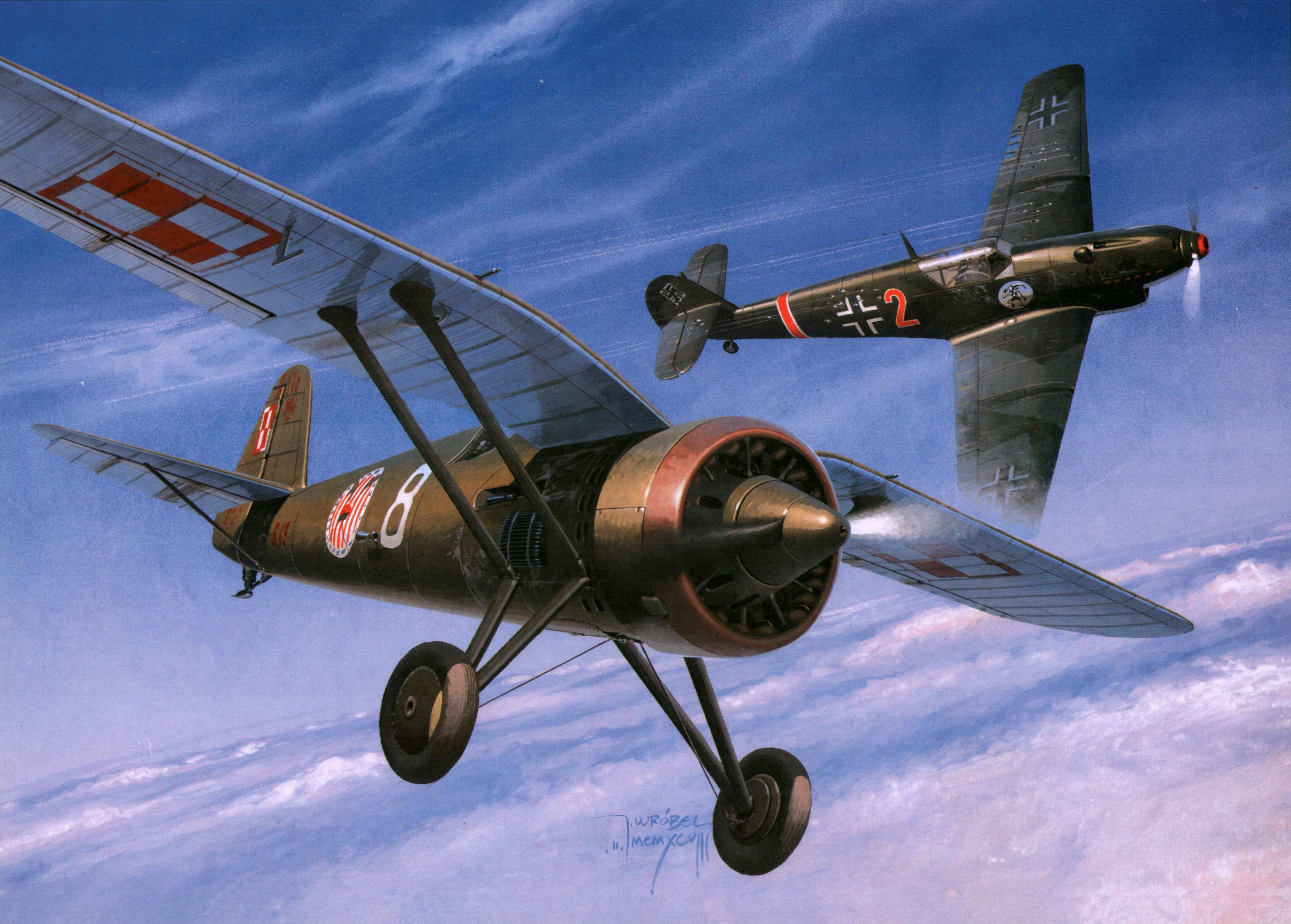 aircrafts, gray, sky, German, figure, dogfight, Polish, fighter, Messerschmitt Bf.109d-1, fighter-monoplane, on the move, flying, air vehicle, art, plane, HD Wallpaper