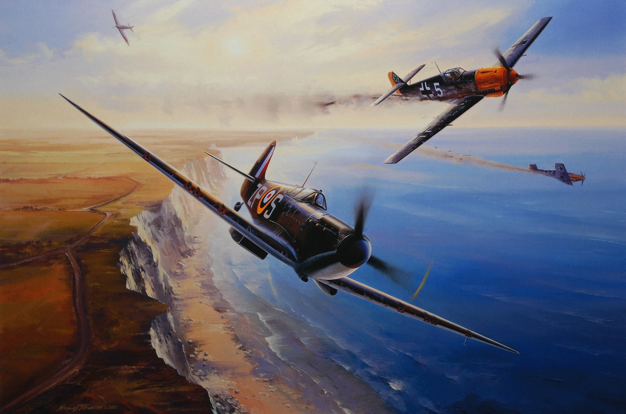 transportation, piloting, propeller, aerial view, war, air, messerschmitt bf 109, painting, no people, aircraft Wing, battle of britain, day, 1080P, air Vehicle, HD Wallpaper