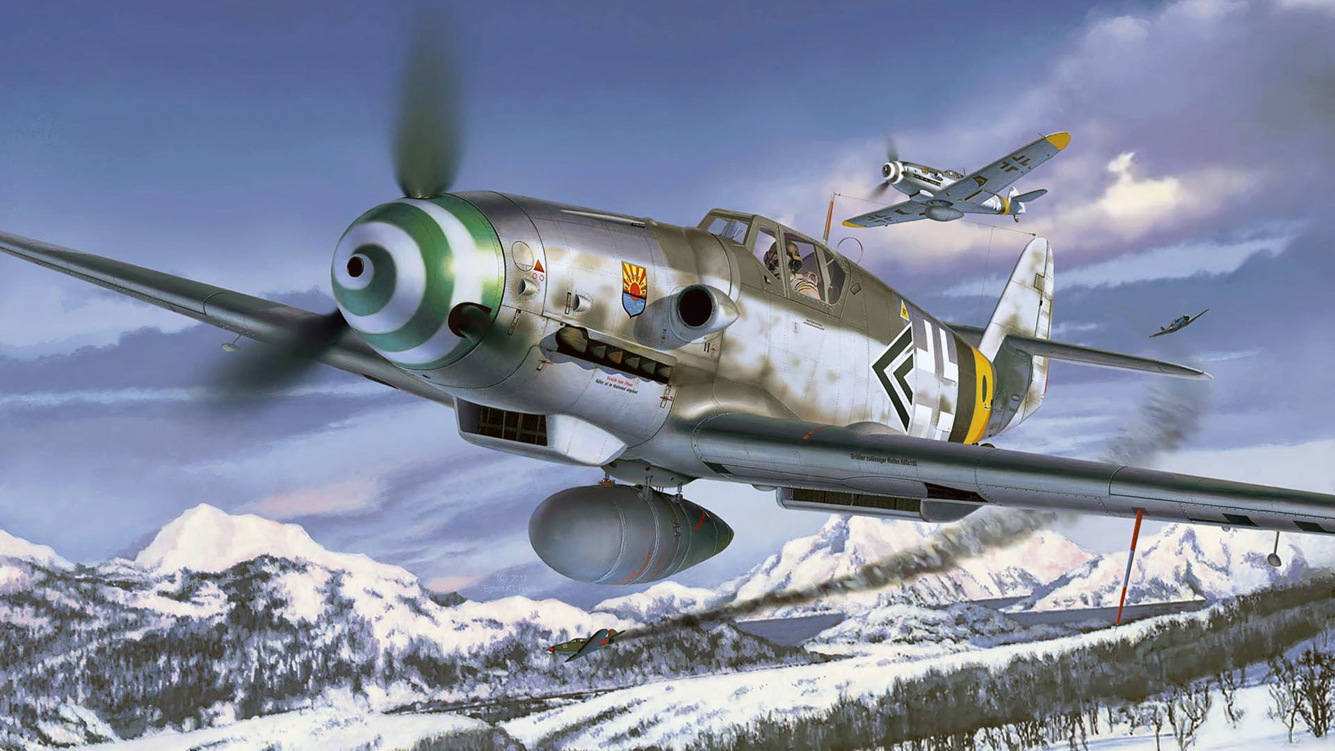 art, single-engine piston fighter-low, Messerschmitt, gray, transportation, Luftwaffe, 1080P, cloud - sky, on the move, THE GERMAN AIR FORCE, military, HD Wallpaper