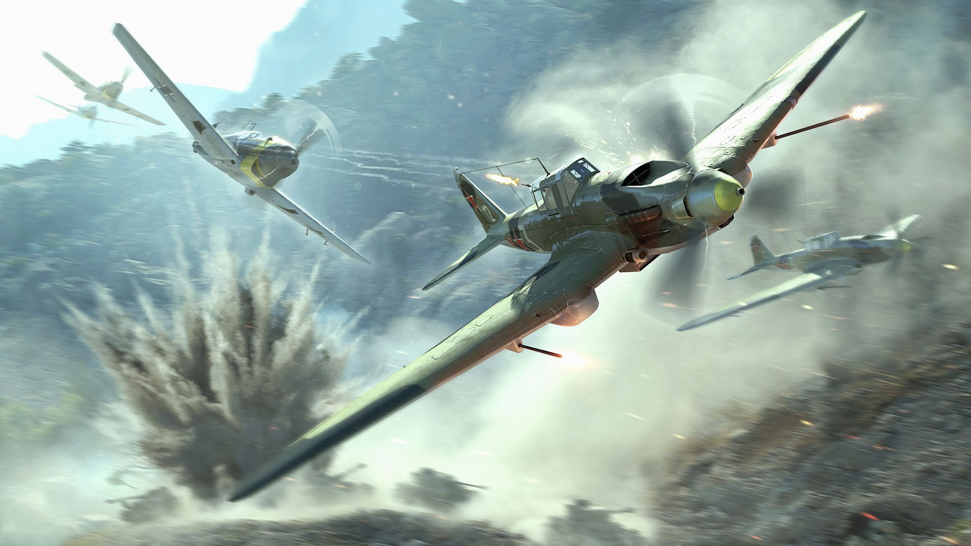 Earth, Aviation, Trees, Smoke, Fire, Aircraft, World of Warplanes, 1080P, The plane, Fighter, The sky, Tanks, gray, The air, Dust, The explosion, Shot, HD Wallpaper