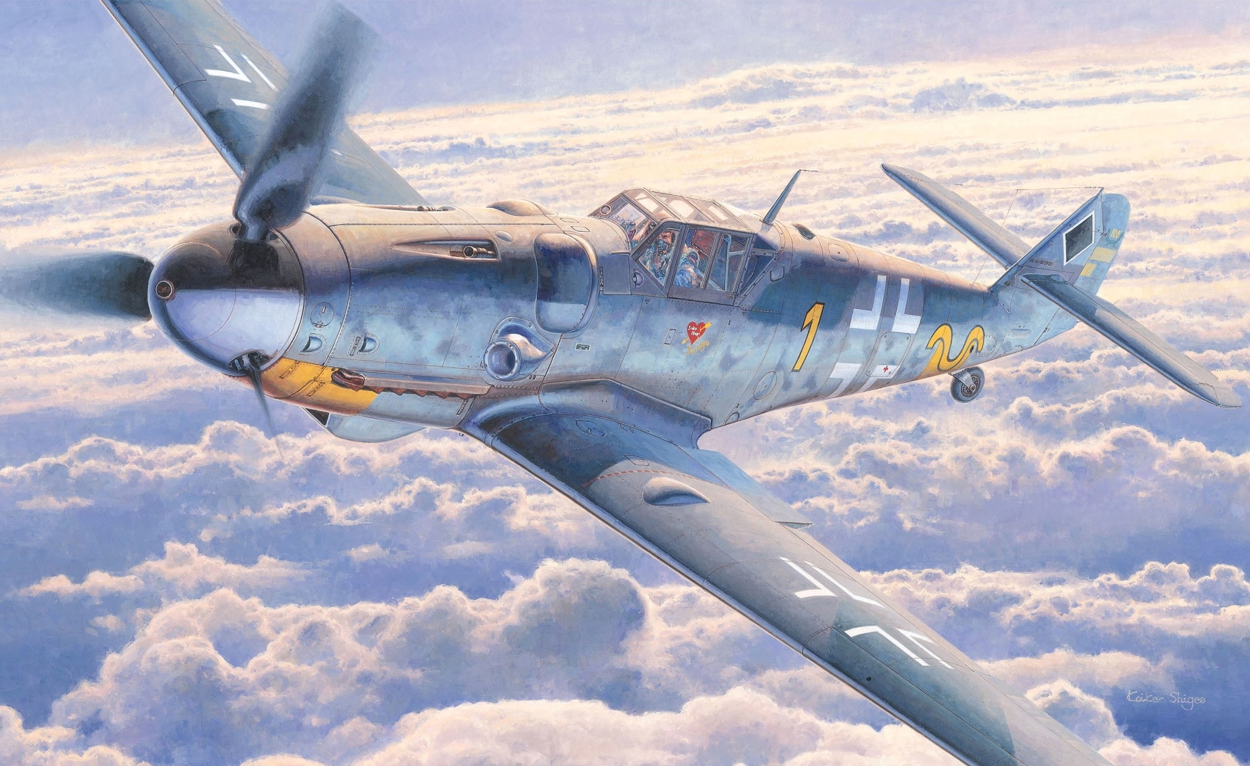 Bf-109 G-6, clouds, the sky, single-engine, 1080P, the plane Eric Alfred Hartmann, Messerschmitt, German, fighter, WW2, piston, figure, art, HD Wallpaper