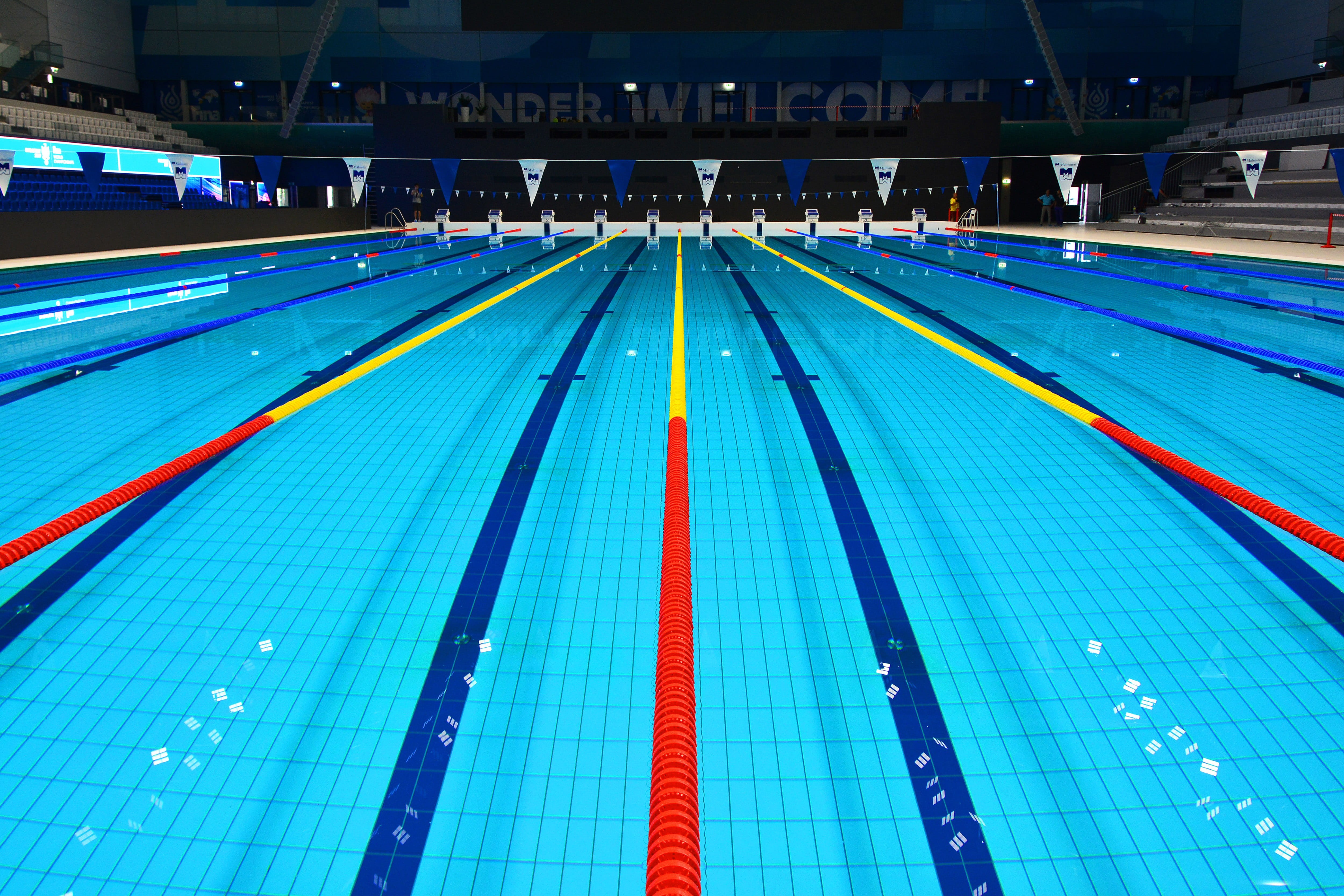 indoors, sports race, sport, absence, pattern, blue, 4K, stadium, sportVarious, swimming lane marker, competitive sport, swimming, olympic, swimming pool, HD Wallpaper