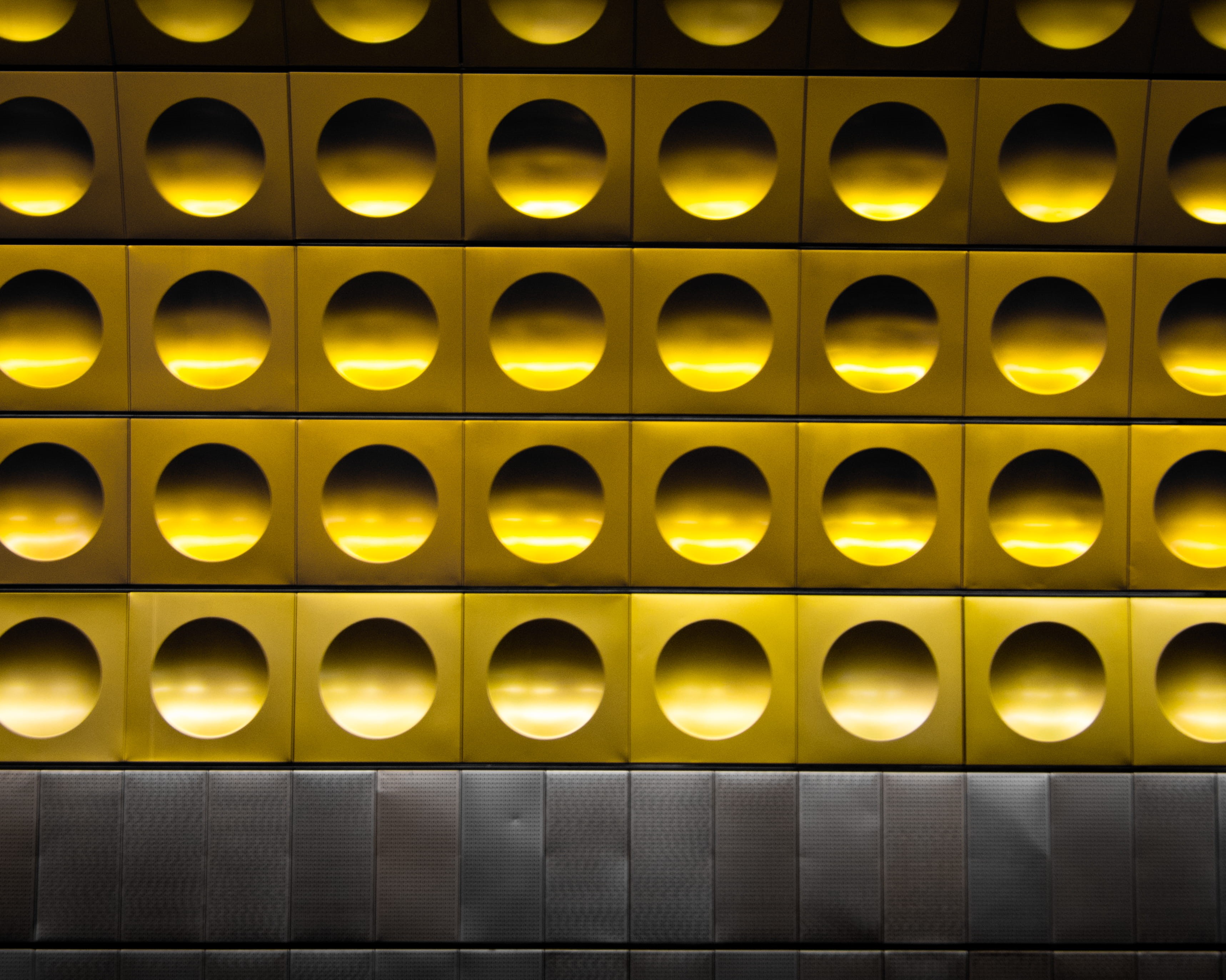 pattern, circle shape, metallic, dot, design, shiny, industry, architecture, surface, line, yellow, 2K, reflection, construction Industry, square, minimal, HD Wallpaper