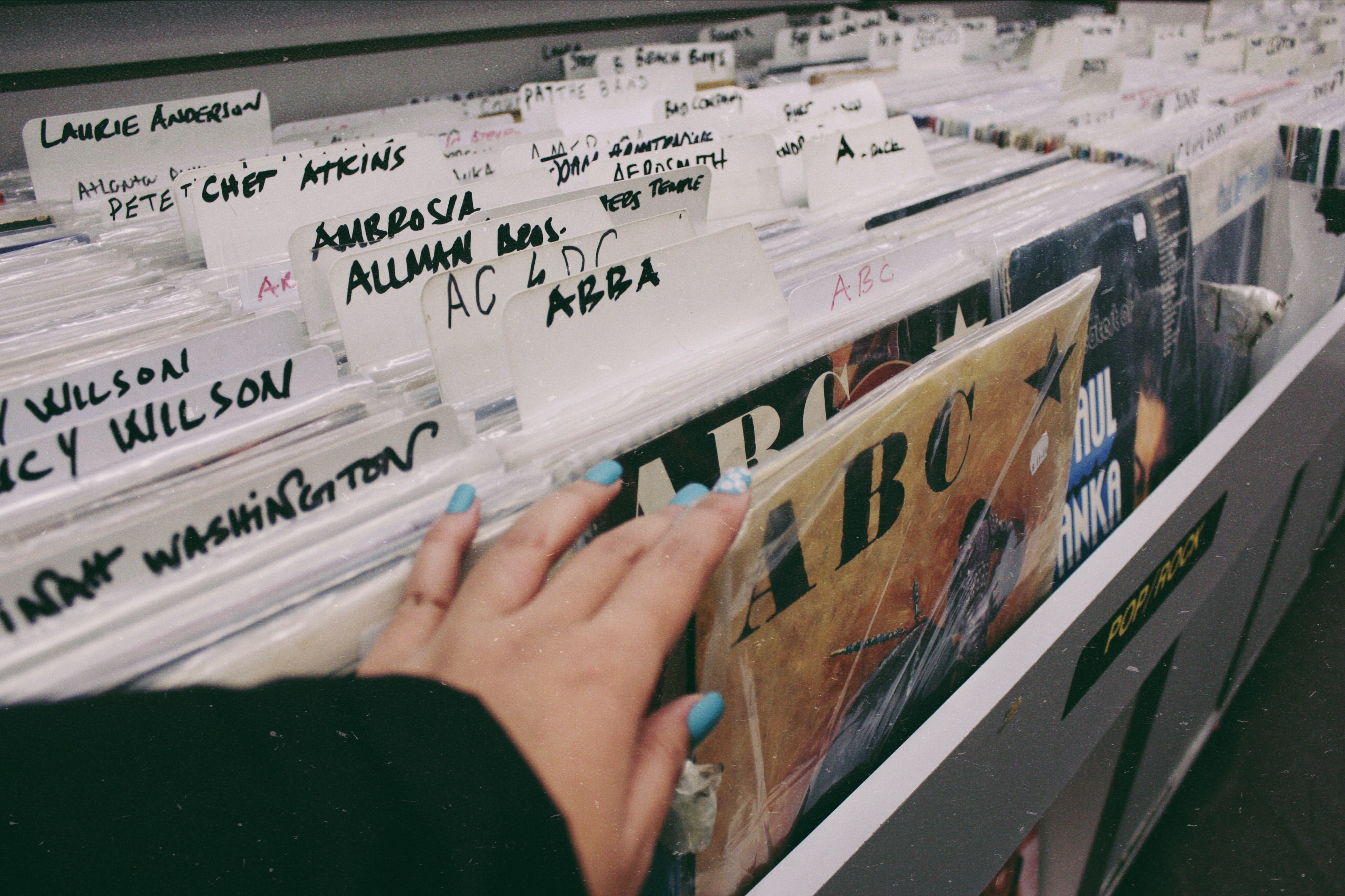 close-up, shop, choose, vinyl, paper, western script, vintage, abba, hand, acdc, finger, human body part, sleeves, lifestyles, high angle view, real people, HD Wallpaper