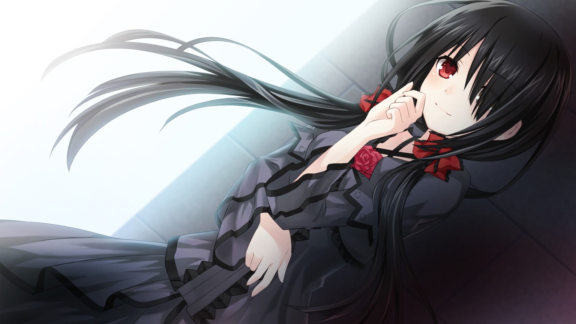 bed, simple background, front view, Tokisaki Kurumi, 1080P, hair, young adult, leisure activity, technology, lifestyles, portrait, one person, anime girls, HD Wallpaper
