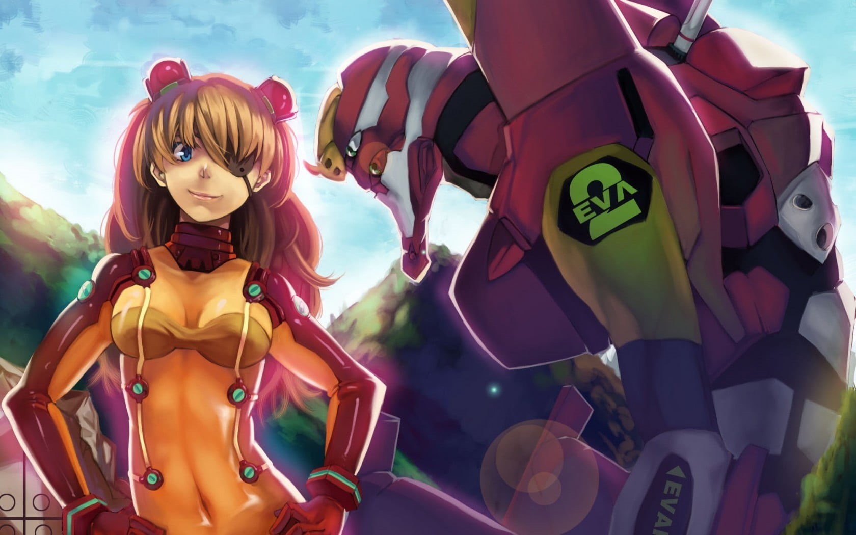 day, art and craft, eye patch, EVA Unit 02, Asuka Langley Soryu, focus on foreground, 720P, male likeness, Asuka Langley Shikinami, Neon Genesis Evangelion, HD Wallpaper
