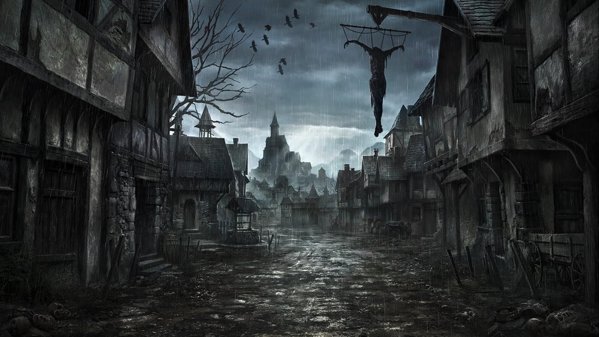 fantasy art, dead, town, scarry, digital art, warm, rainy, bloody, 1080P, night, horror, dark, blood, creepy, artistic, dark art, artwork, street, HD Wallpaper
