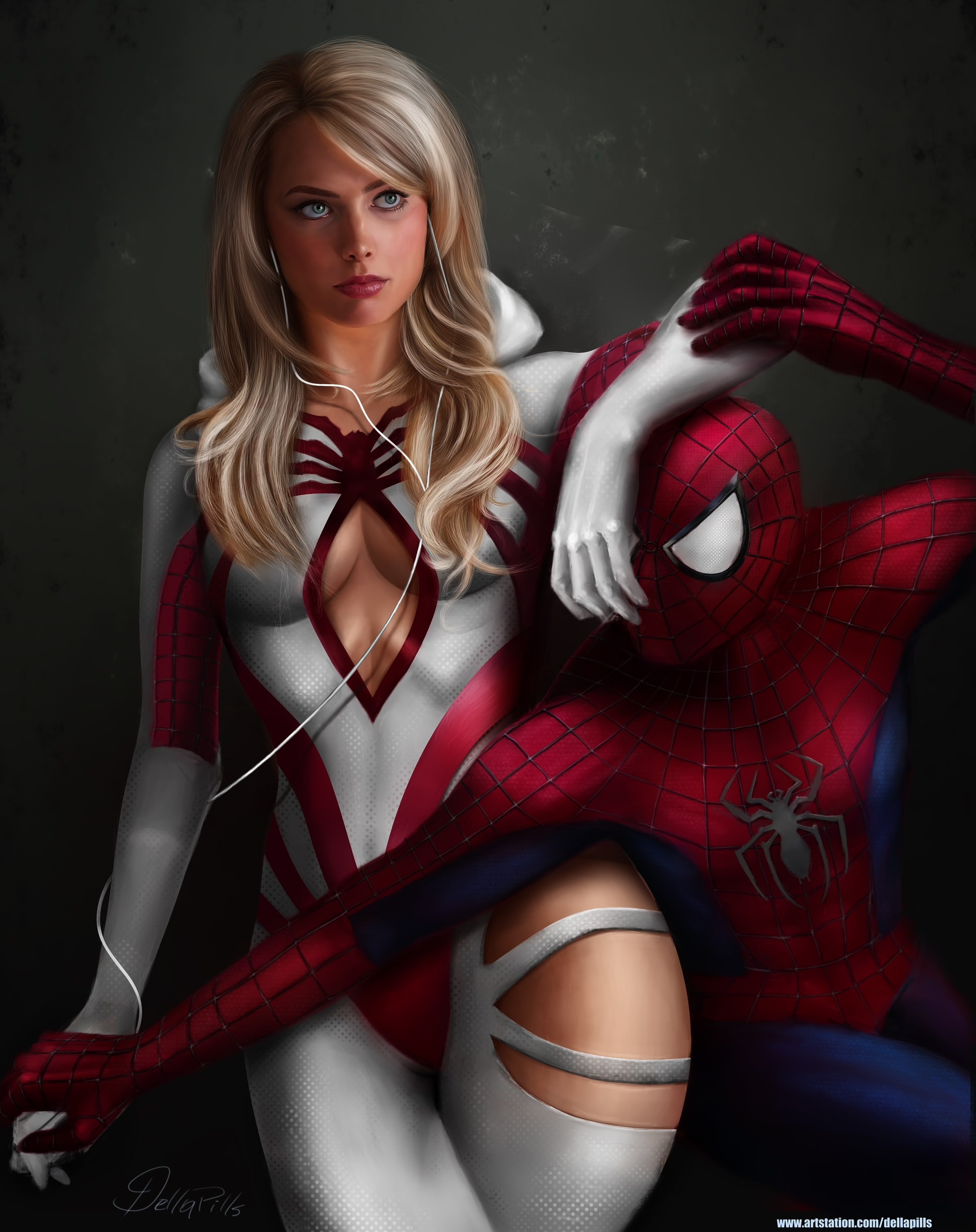 Redesign, illustration, Margot Robbie, Gwen, 1080P, man, Marvel Comics, drawing, spider, Phone HD Wallpaper