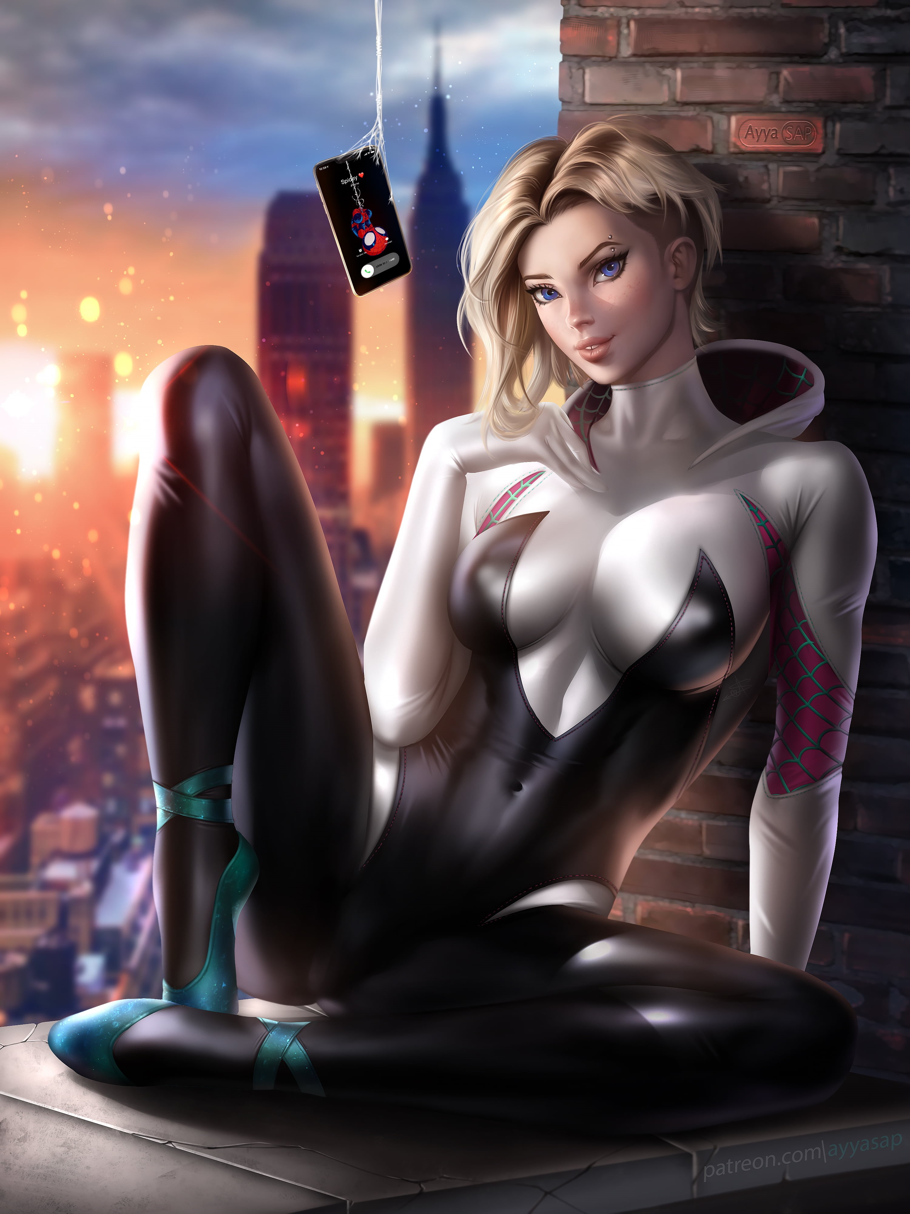 illustration, Ayya Saparniyazova, blonde, artwork, digital art, drawing, fan art, superheroines, looking at viewer, Marvel Comics, 4K, Spider Gwen, AyyaSAP, Phone HD Wallpaper