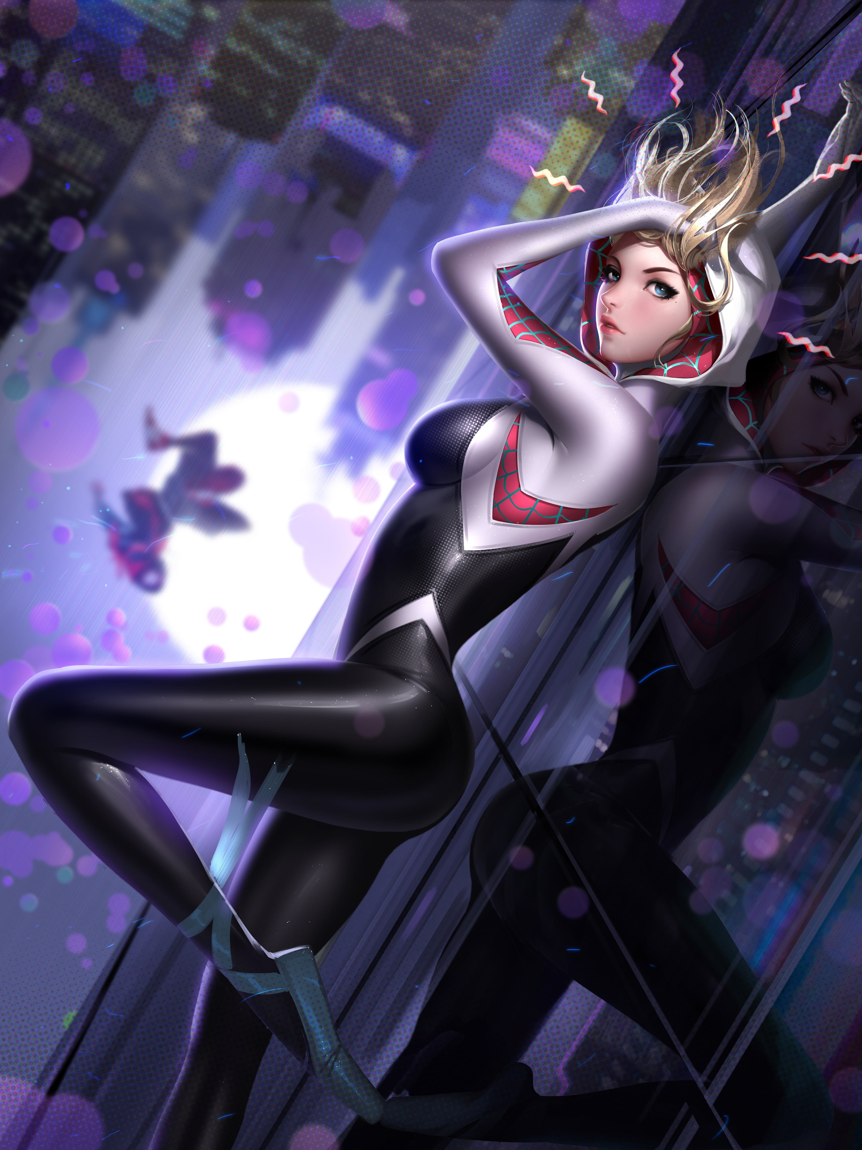 looking at viewer, drawing, Liang-Xing, illustration, Spider-Man, superhero, superheroines, Spider Gwen, digital art, artwork, blonde, 4K, Marvel Comics, Phone HD Wallpaper