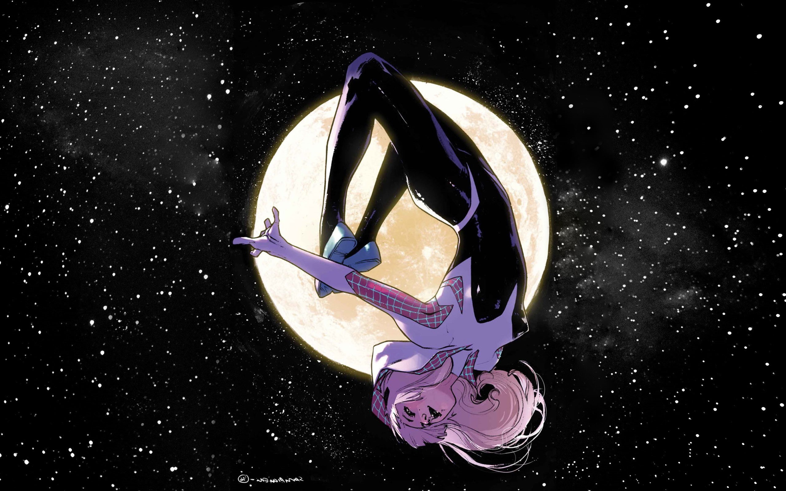 Blonde, Marvel, Superhero, Hood, Gwen Stacy, Comic, Costume, Spider-Woman, Stars, Gwen-Spider, Spider-Gwen, The moon, Comics, Hero, 2K, Hair, Moon, HD Wallpaper