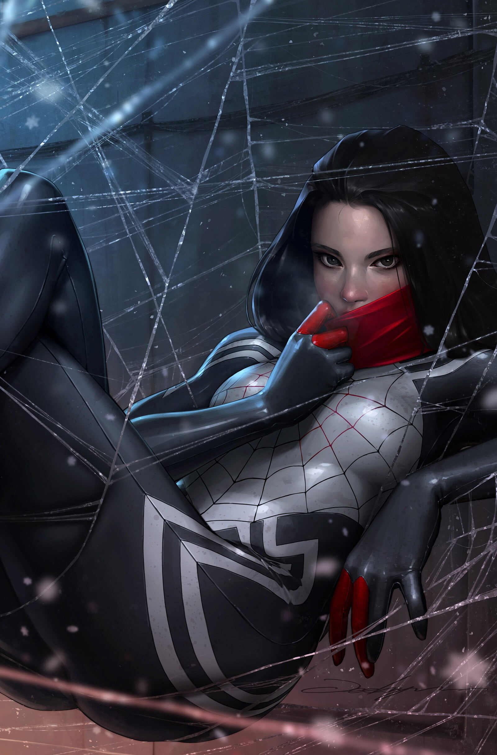 looking at viewer, 1080P, women, artwork, JeeHyung lee, Silk (Marvel character), spiderwebs, spider webs, dark hair, fantasy girl, Phone HD Wallpaper