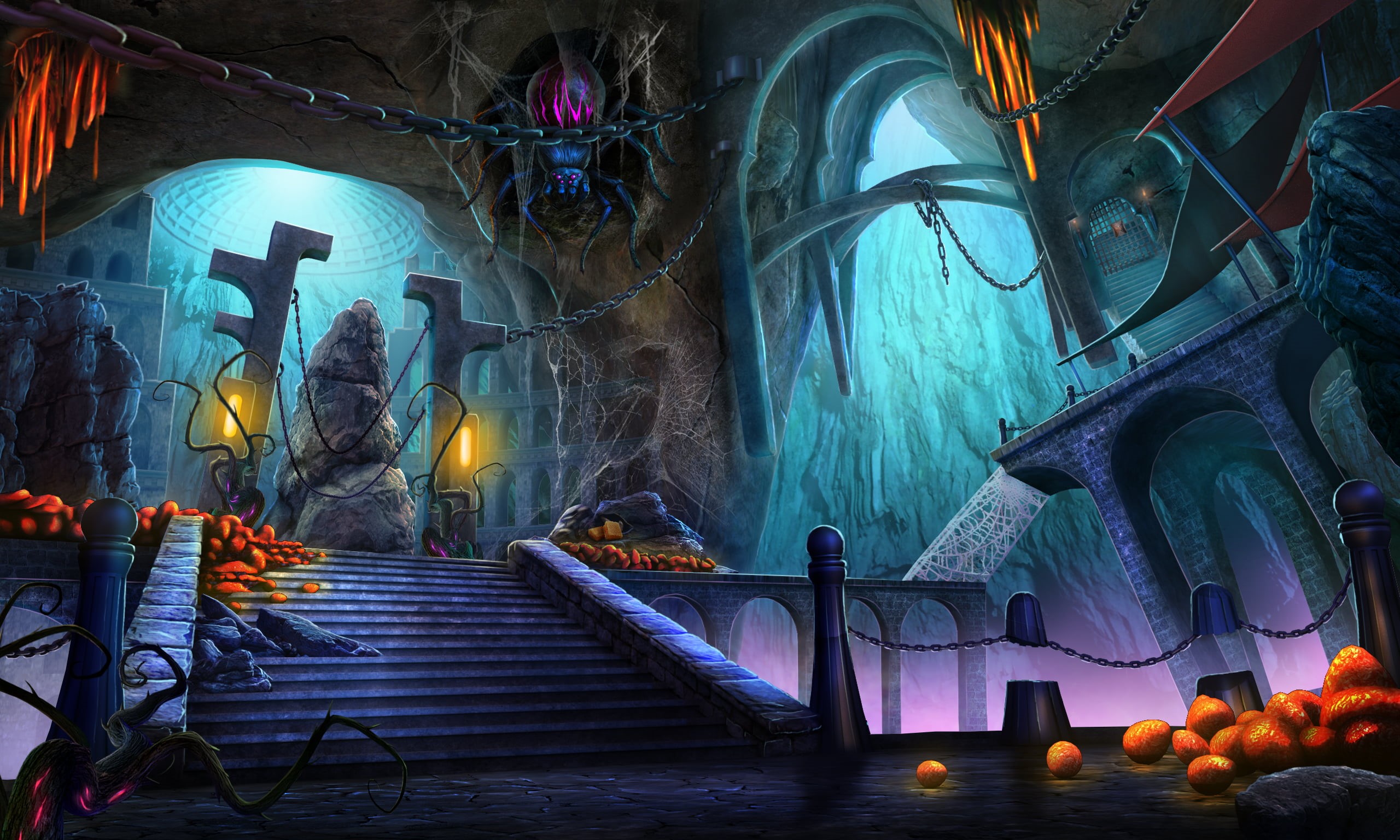 illuminated, rock, no people, human representation, arch, representation, spider, indoors, underwater, steps and staircases, built structure, spirituality, HD Wallpaper